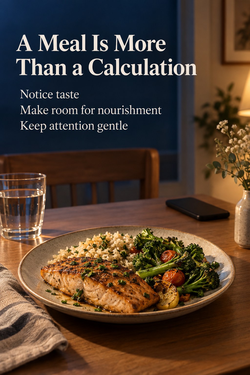 Dinner beside a face-down phone with the headline A Meal Is More Than a Calculation.