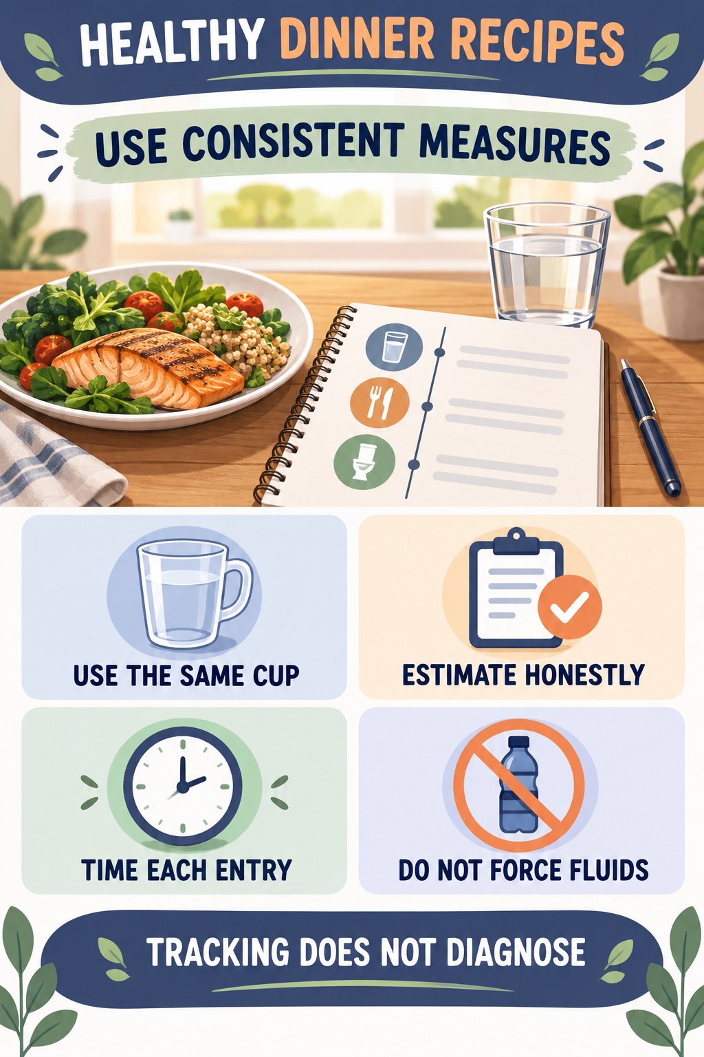 Measure Drinks and Voids Consistently urinary symptom tracking infographic for Healthy Dinner Recipes with four practical diary points and a non-diagnostic reminder.