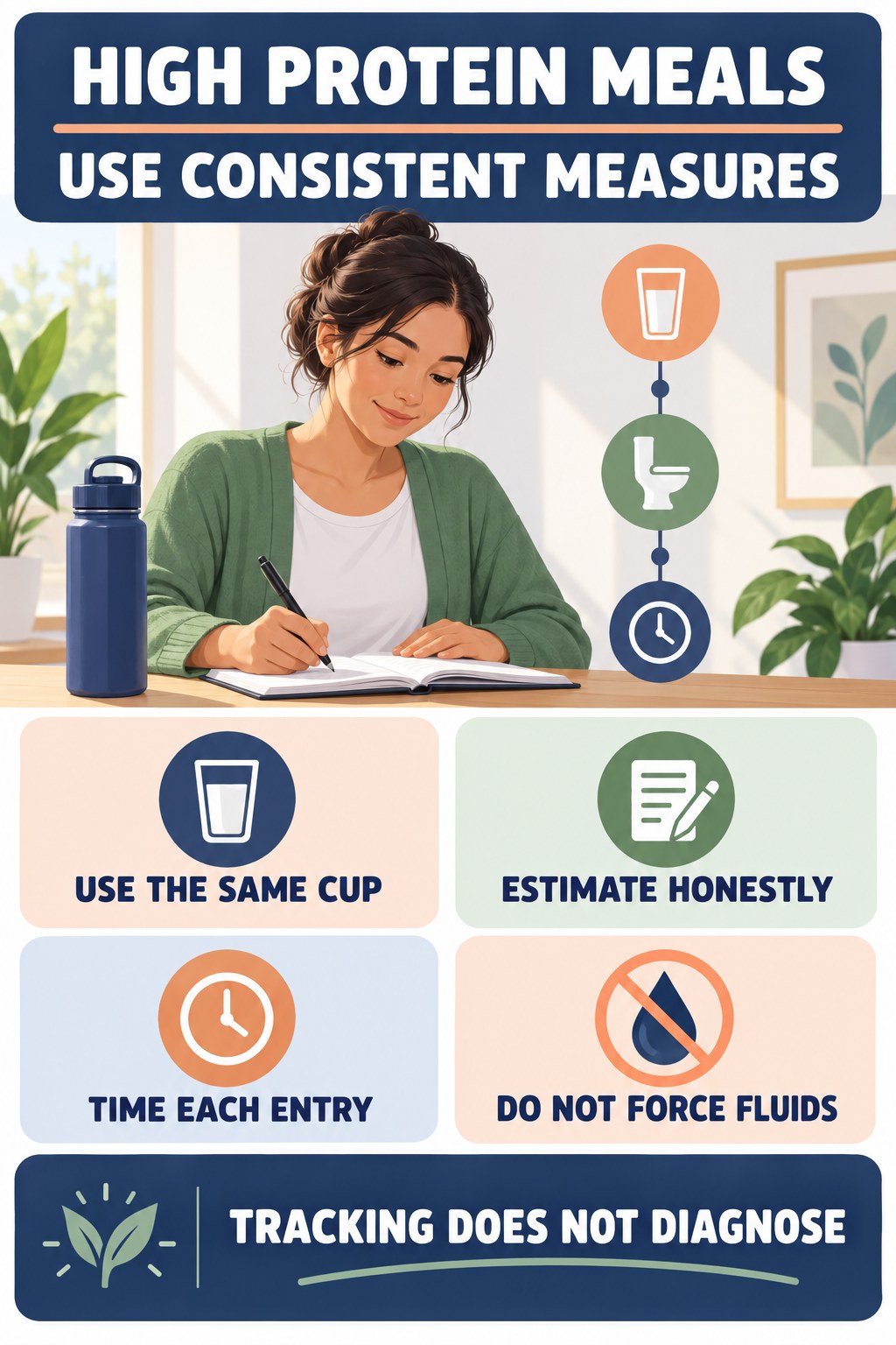 Measure Drinks and Voids Consistently urinary symptom tracking infographic for High Protein Meals with four practical diary points and a non-diagnostic reminder.