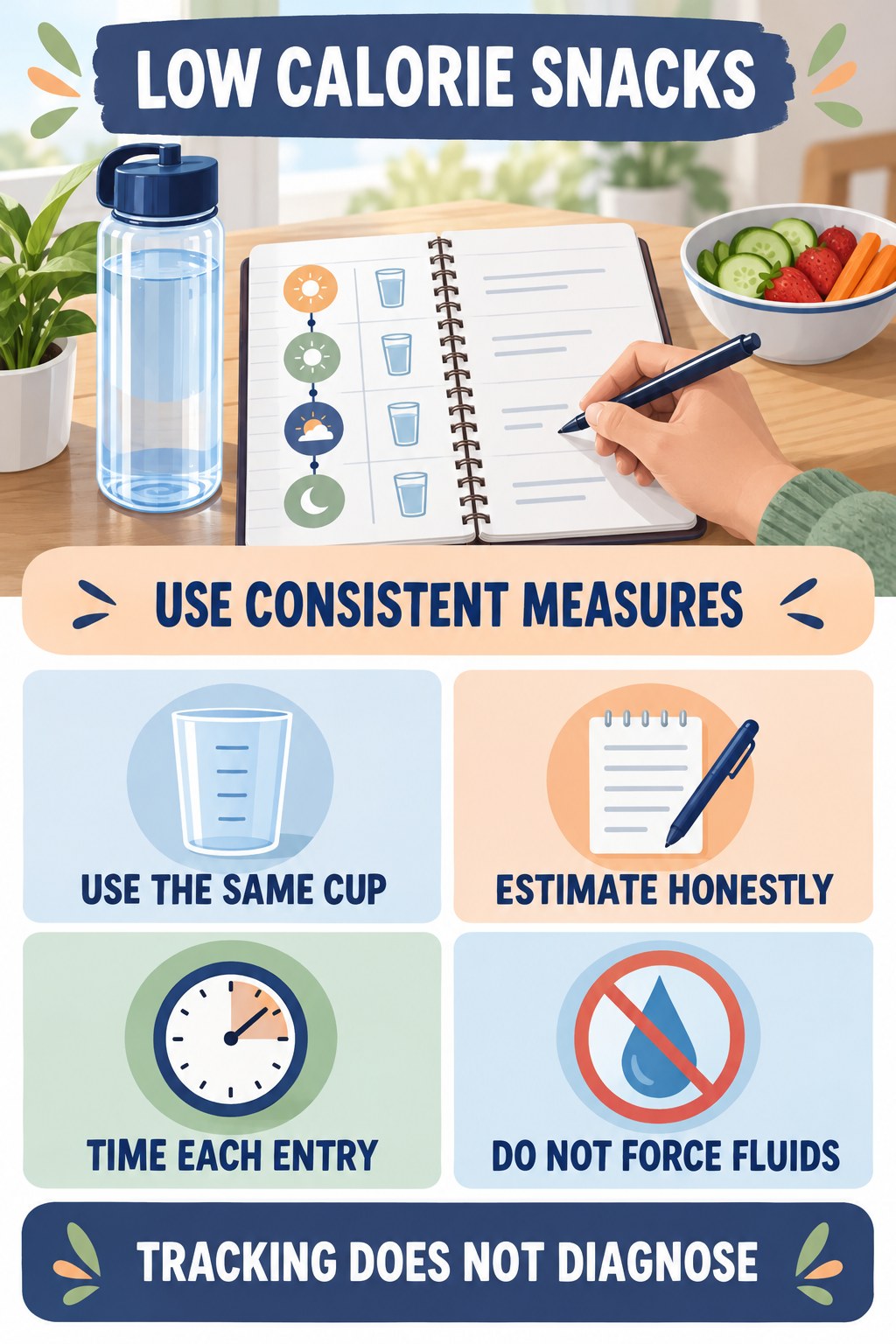 Measure Drinks and Voids Consistently urinary symptom tracking infographic for Low Calorie Snacks with four practical diary points and a non-diagnostic reminder.