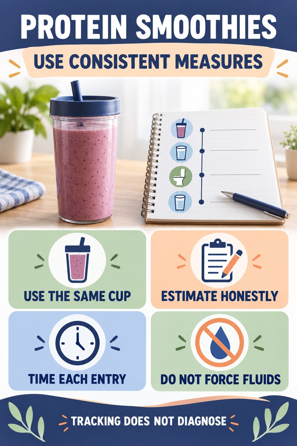 Measure Drinks and Voids Consistently urinary symptom tracking infographic for Protein Smoothies with four practical diary points and a non-diagnostic reminder.