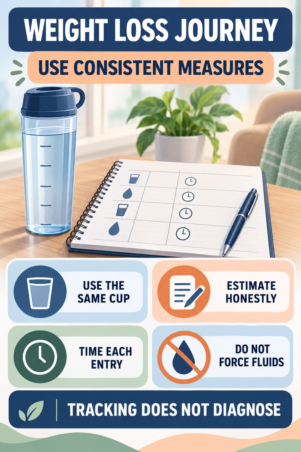 Measure Drinks and Voids Consistently urinary symptom tracking infographic for Weight Loss Journey with four practical diary points and a non-diagnostic reminder.