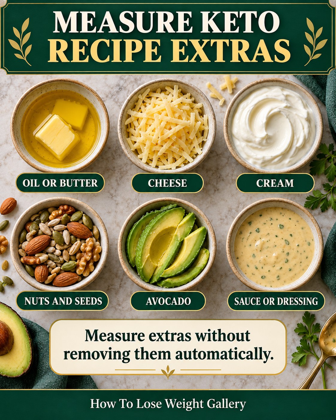Keto recipe extras infographic with oil or butter, cheese, cream, nuts and seeds, avocado, sauce and dressing