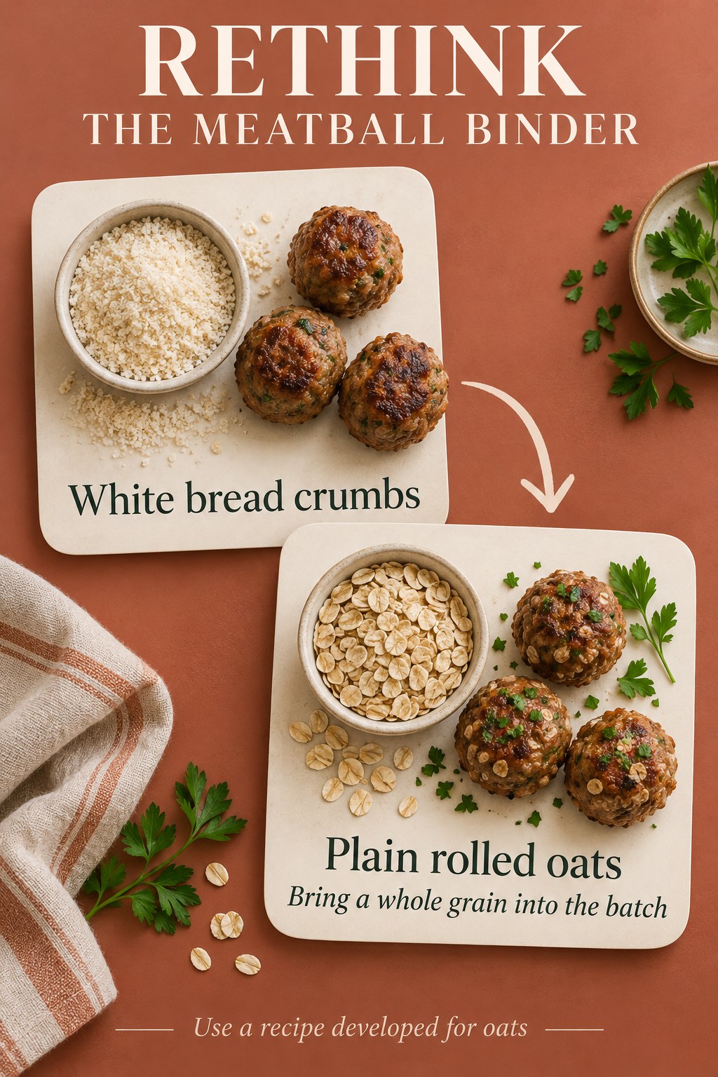 White bread crumbs and meatballs compared with plain rolled oats and oat-bound meatballs on terracotta recipe cards.