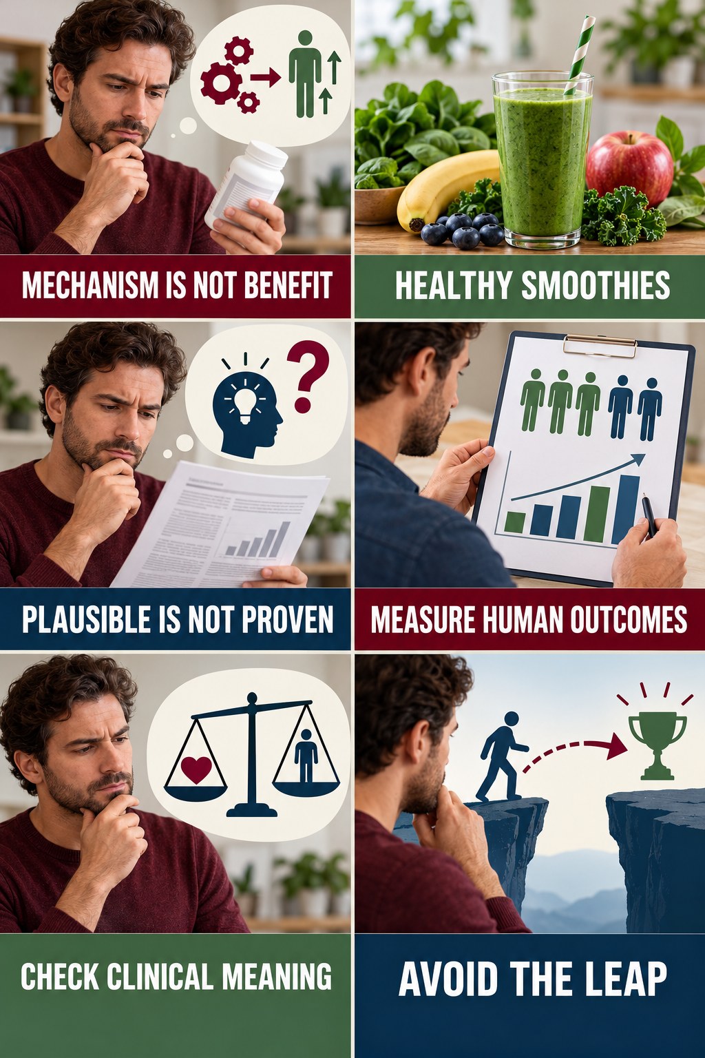 Mechanisms Do Not Prove Clinical Benefits evidence-literacy infographic for Healthy Smoothies with four concise claim-evaluation checks.