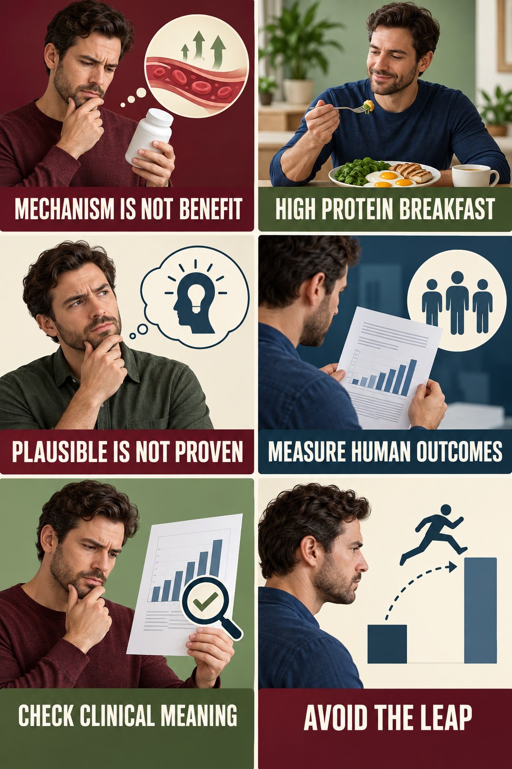 Mechanisms Do Not Prove Clinical Benefits evidence-literacy infographic for High Protein Breakfast with four concise claim-evaluation checks.