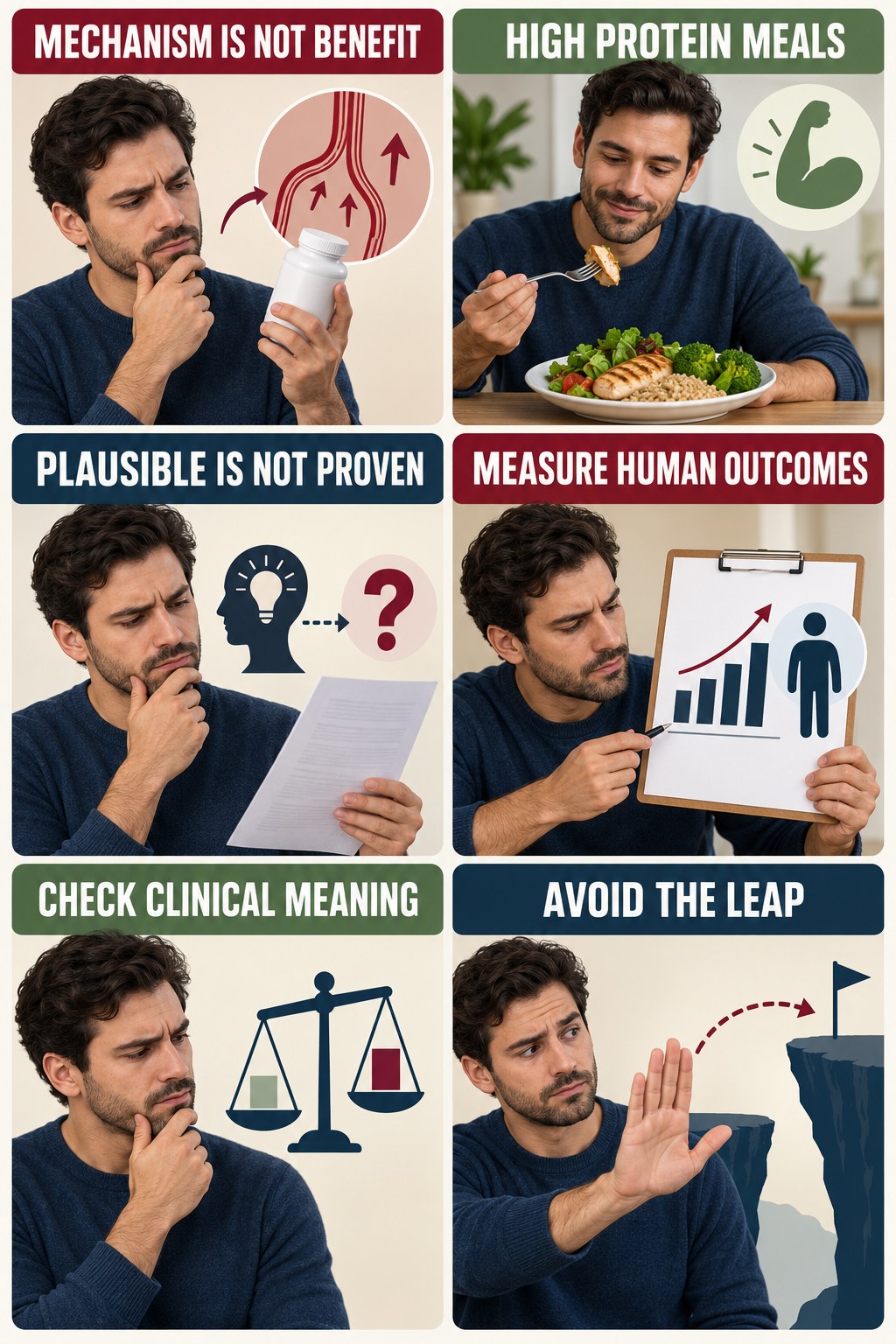 Mechanisms Do Not Prove Clinical Benefits evidence-literacy infographic for High Protein Meals with four concise claim-evaluation checks.