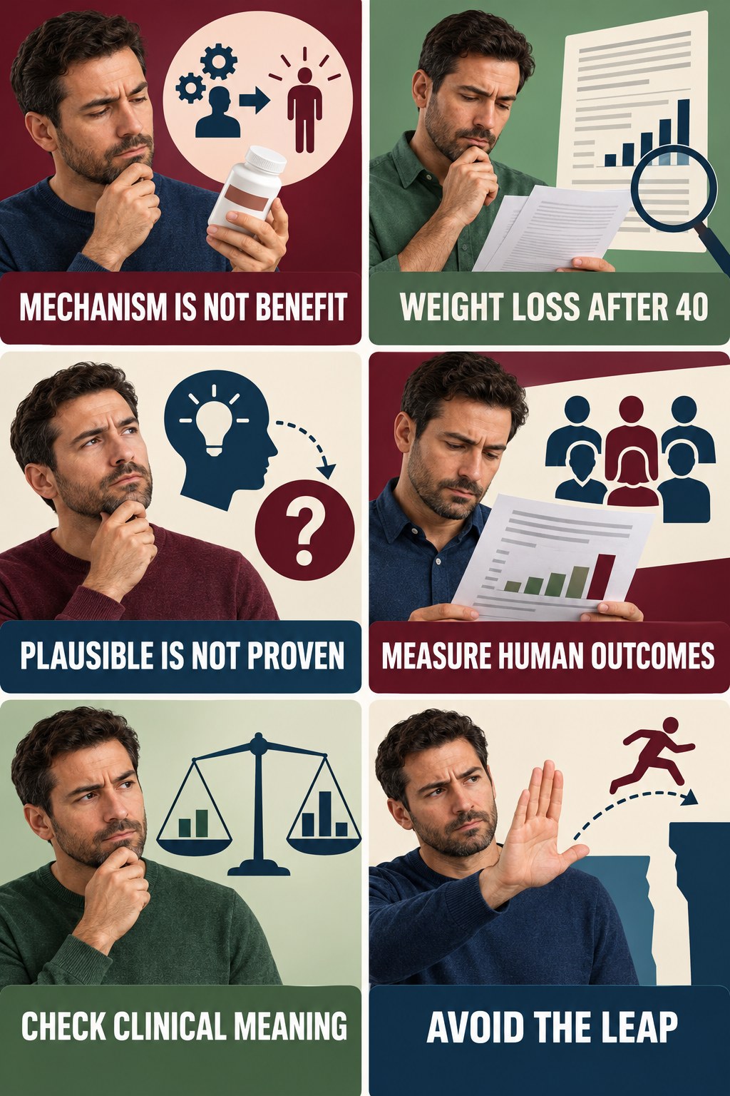 Mechanisms Do Not Prove Clinical Benefits evidence-literacy infographic for Weight Loss After 40 with four concise claim-evaluation checks.