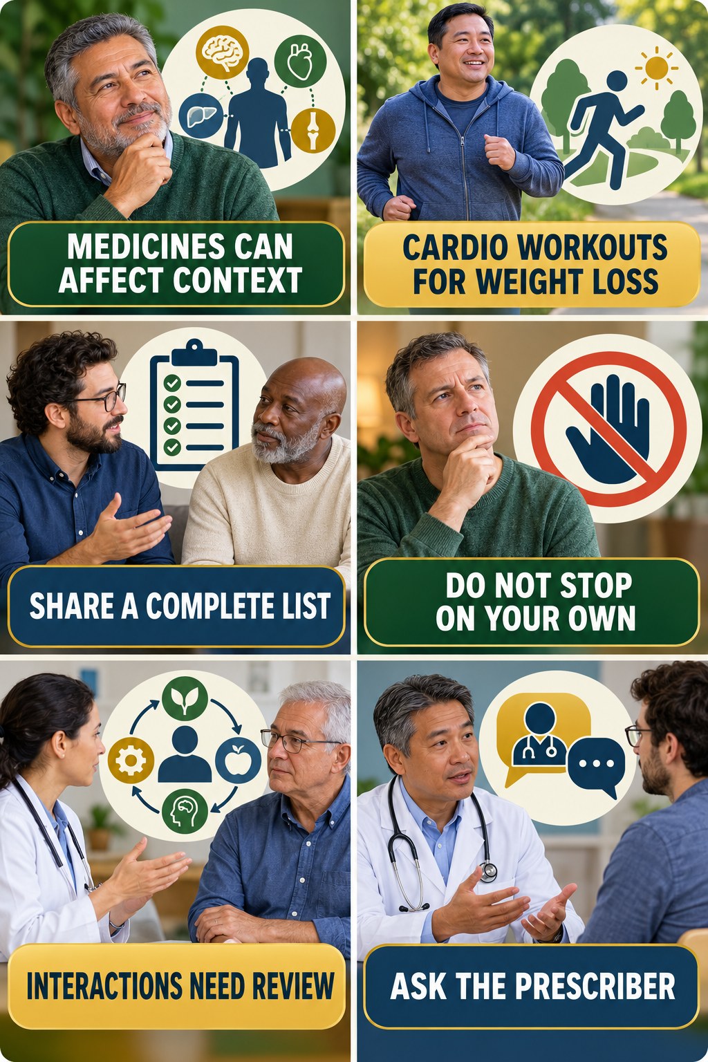 Medication Context Matters testosterone-health-awareness infographic for Cardio Workouts for Weight Loss with four concise educational checks.