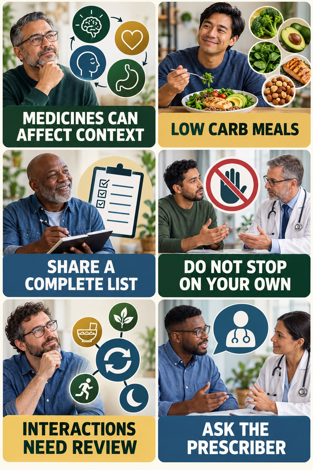 Medication Context Matters testosterone-health-awareness infographic for Low Carb Meals with four concise educational checks.