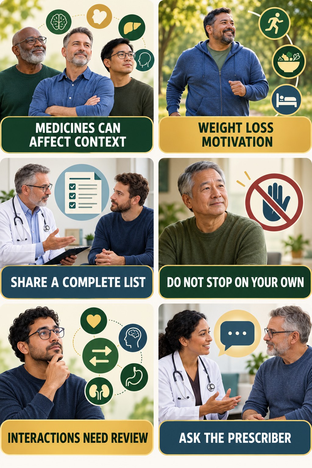 Medication Context Matters testosterone-health-awareness infographic for Weight Loss Motivation with four concise educational checks.