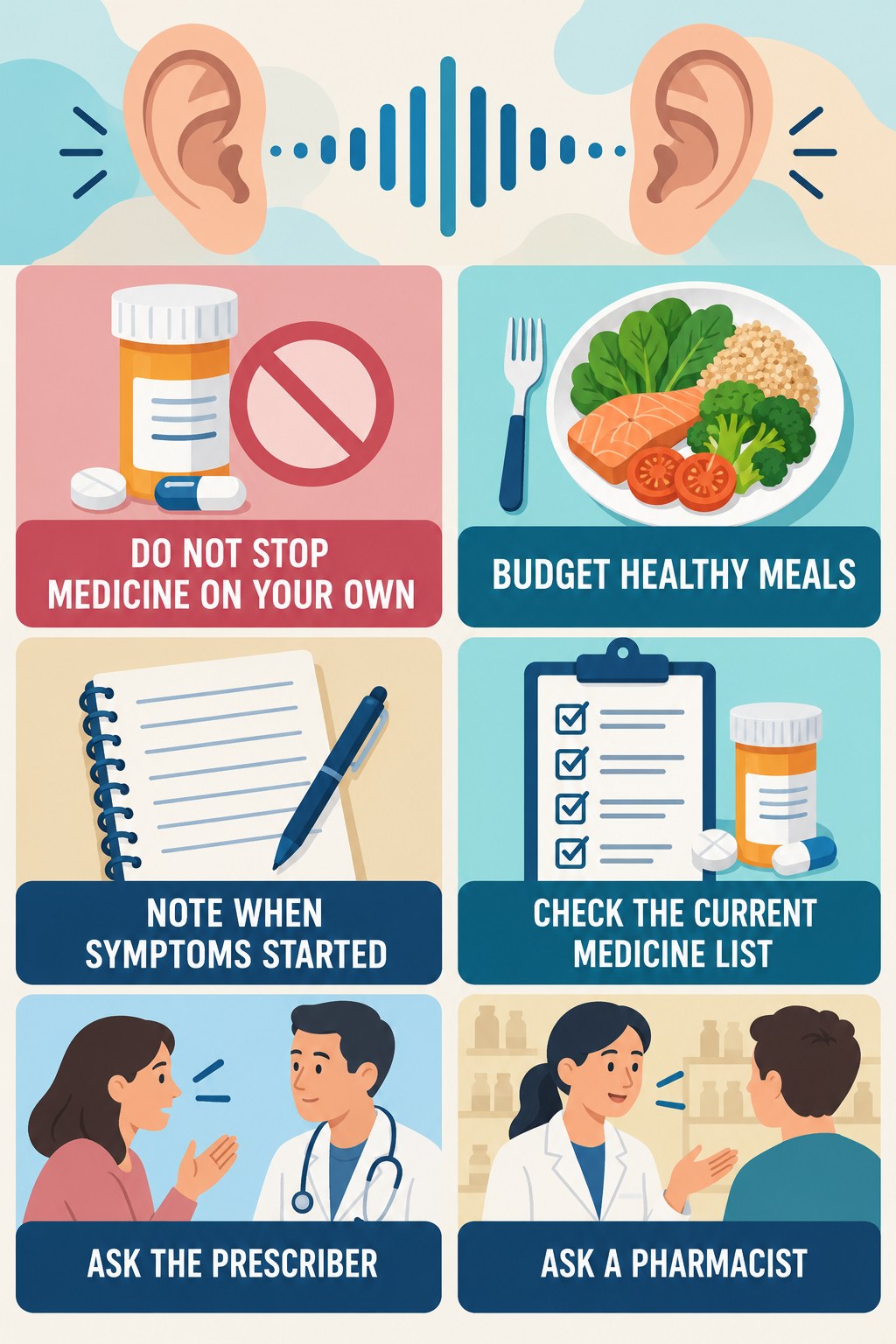 Medication Questions and Tinnitus infographic for Budget Healthy Meals with four concise tinnitus-awareness points.