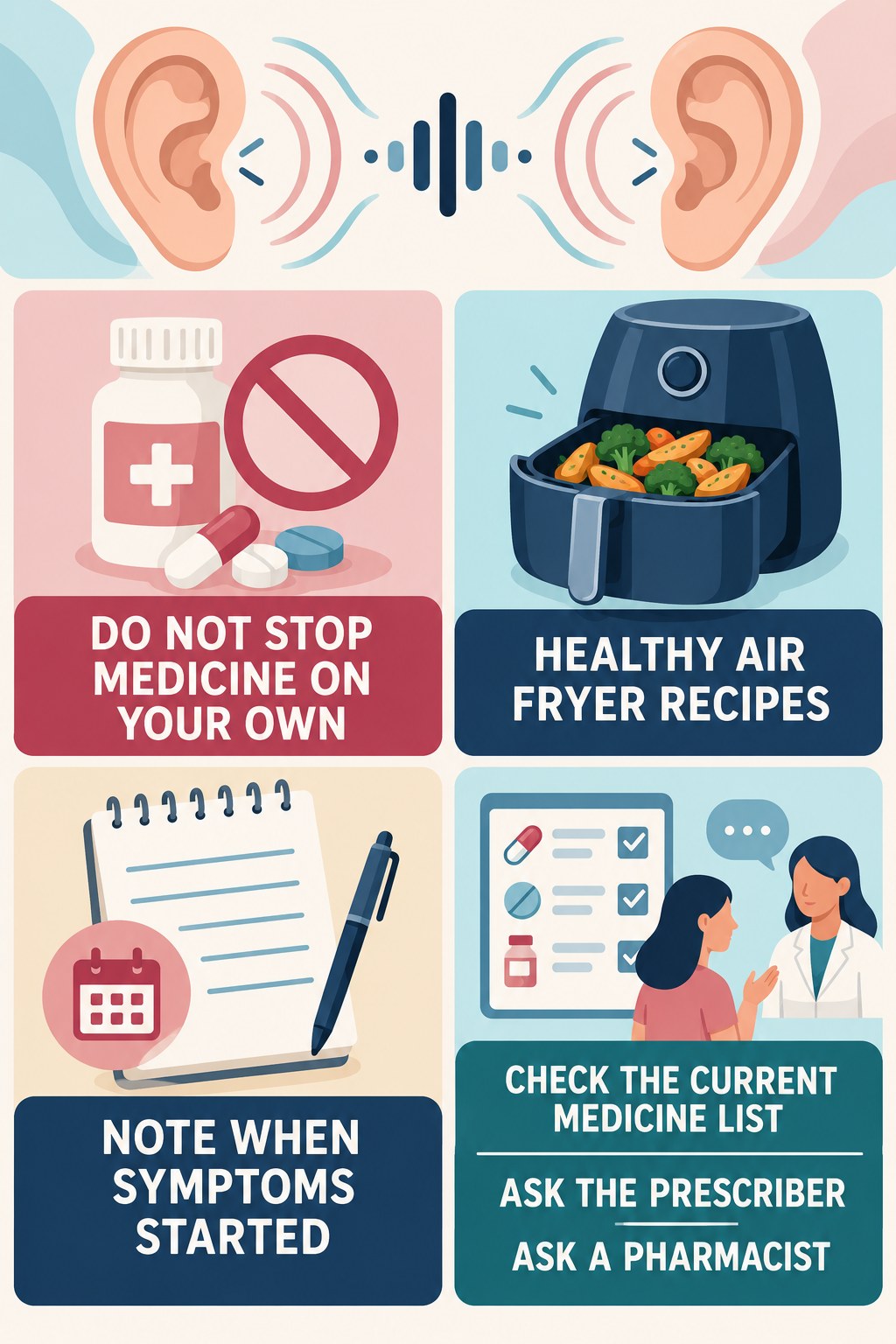Medication Questions and Tinnitus infographic for Healthy Air Fryer Recipes with four concise tinnitus-awareness points.