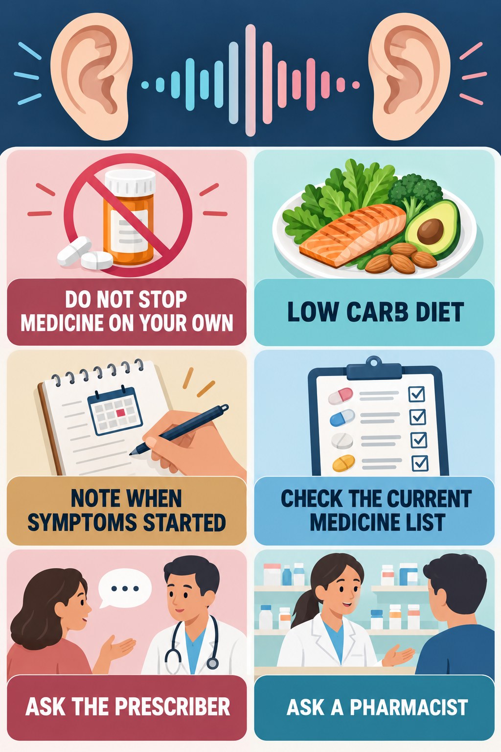 Medication Questions and Tinnitus infographic for Low Carb Diet with four concise tinnitus-awareness points.