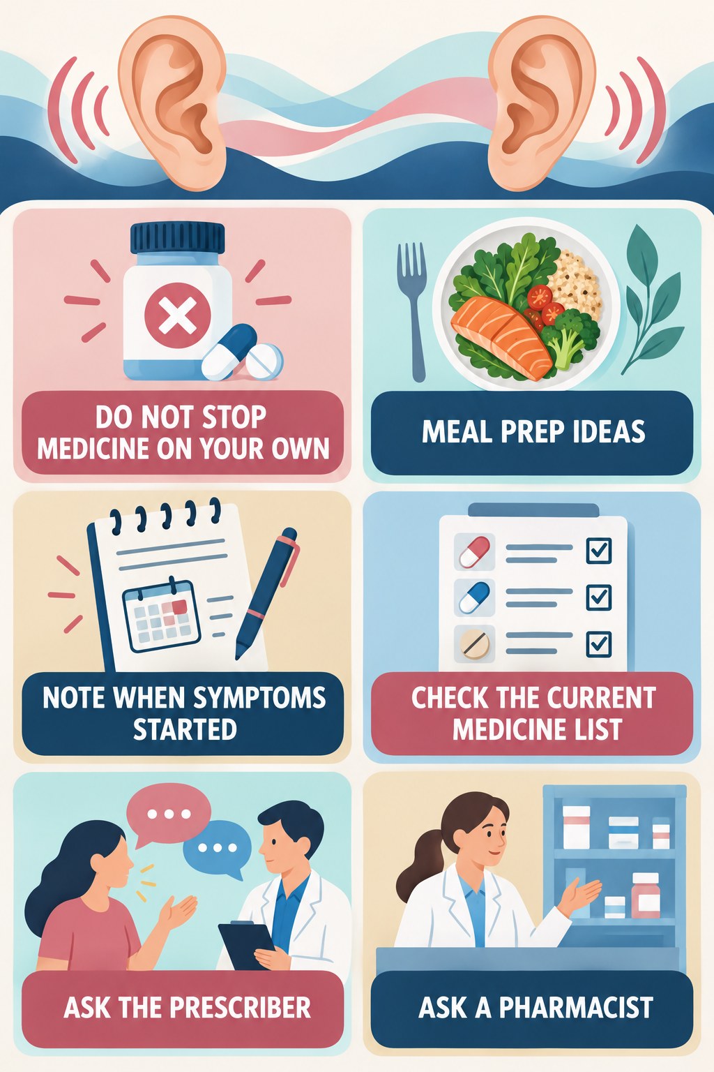 Medication Questions and Tinnitus infographic for Meal Prep Ideas with four concise tinnitus-awareness points.