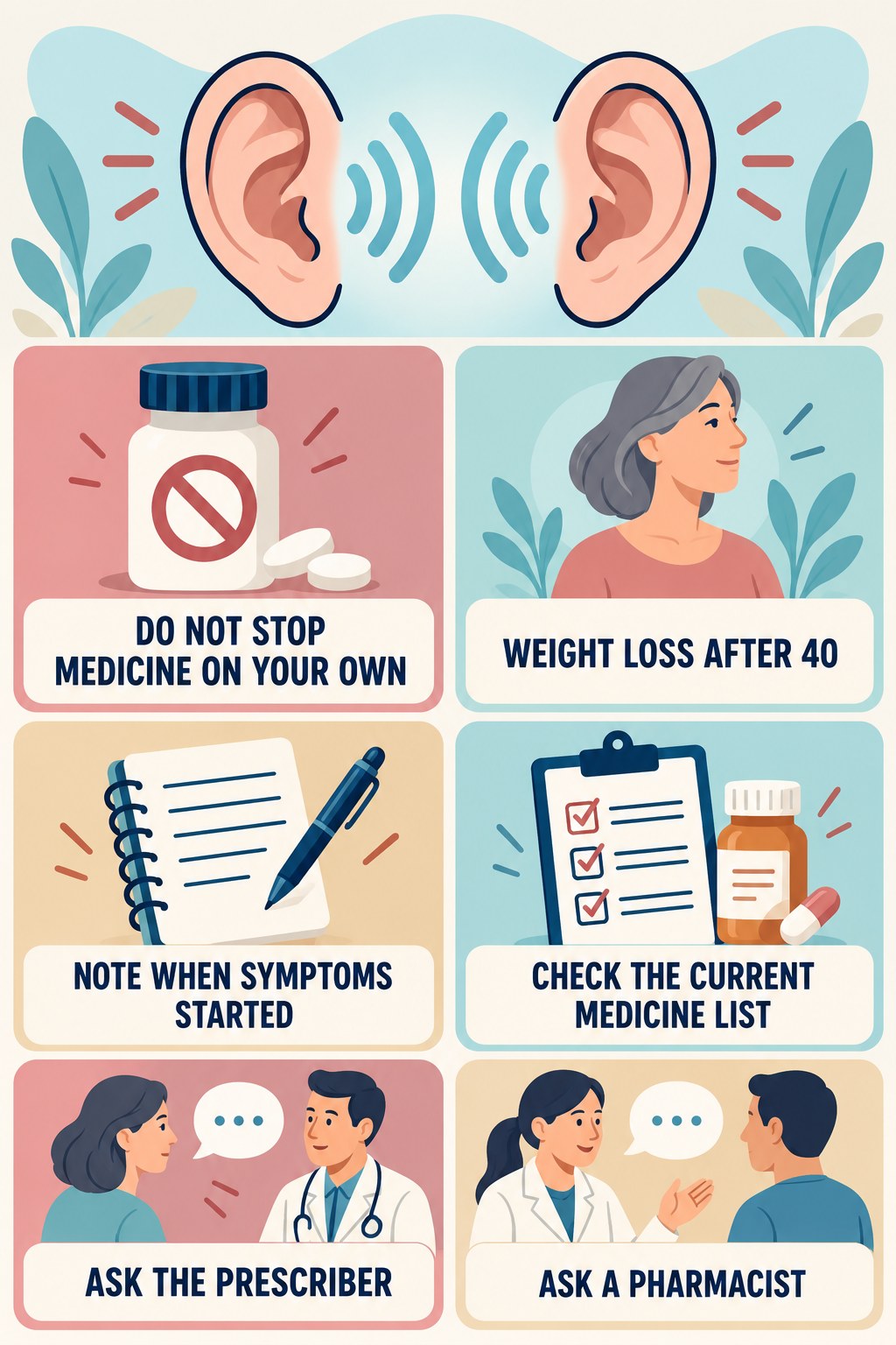 Medication Questions and Tinnitus infographic for Weight Loss After 40 with four concise tinnitus-awareness points.