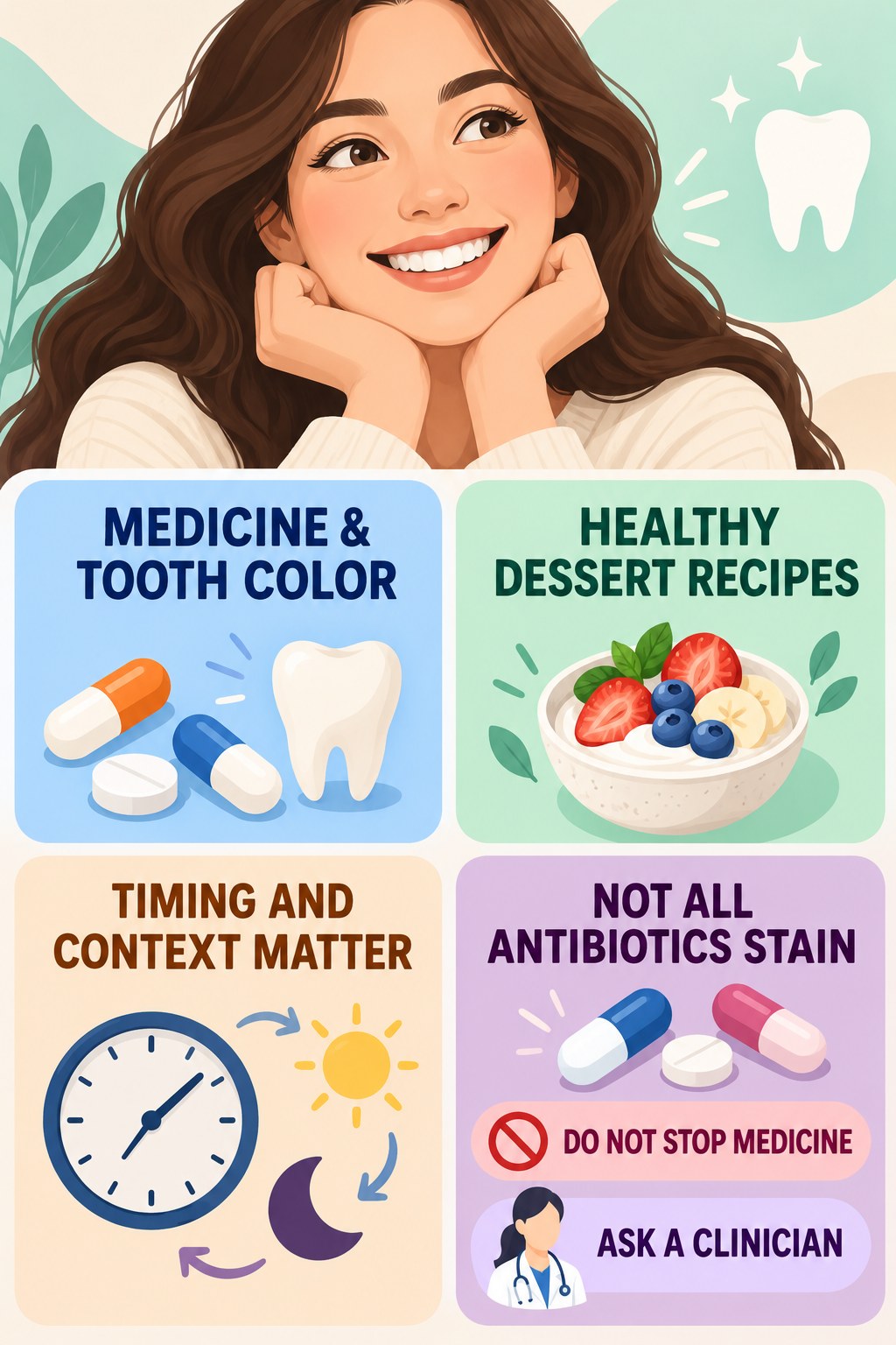 Medication-Related Color Change Questions infographic for Healthy Dessert Recipes with four concise tooth-discoloration safety points.