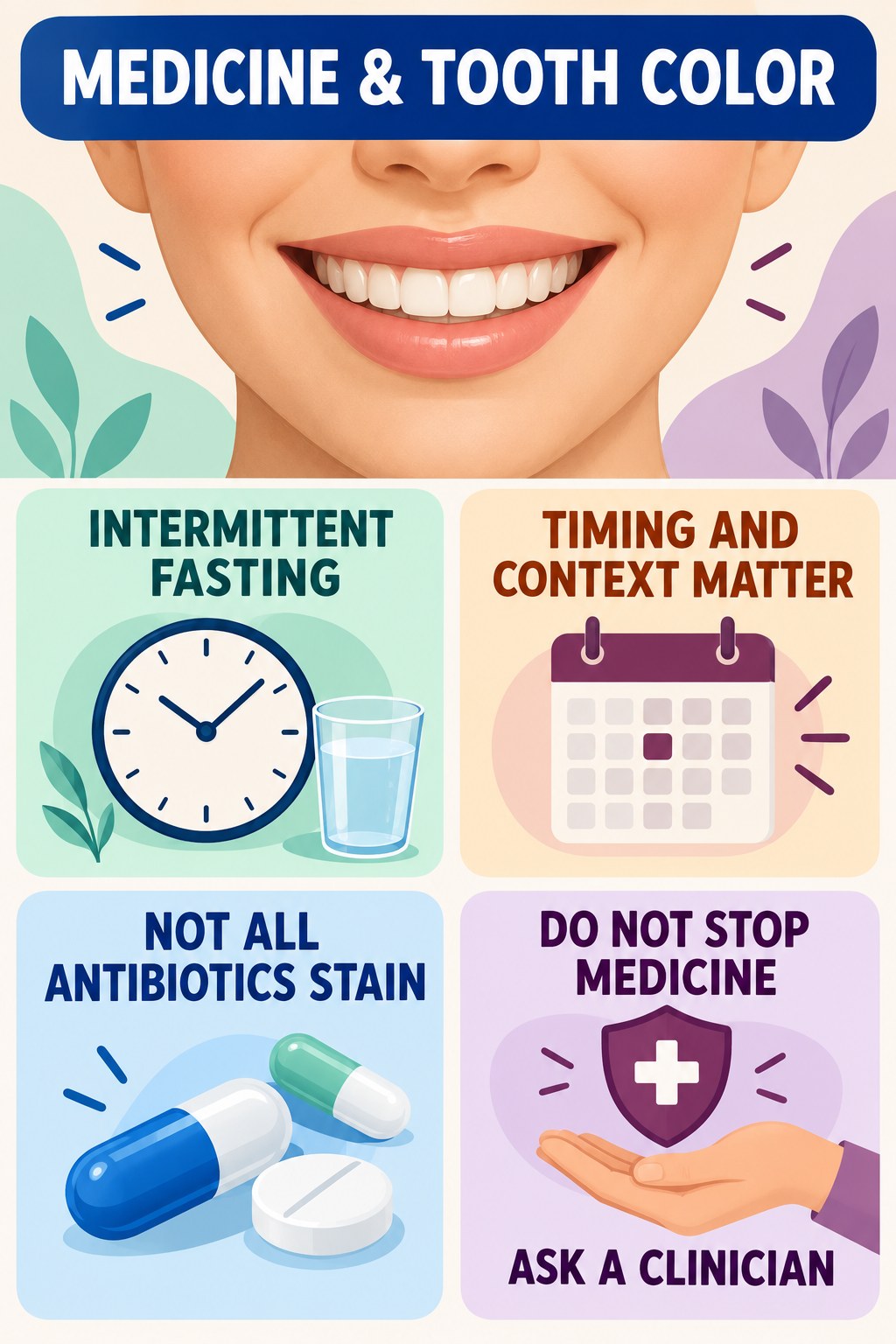 Medication-Related Color Change Questions infographic for Intermittent Fasting with four concise tooth-discoloration safety points.