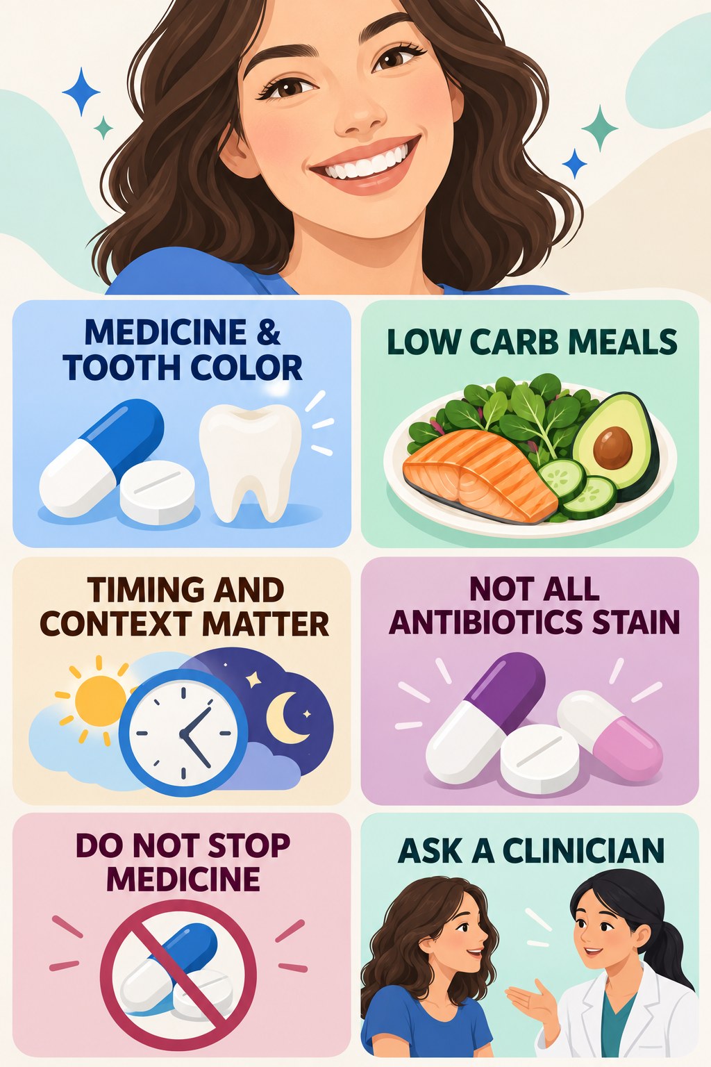 Medication-Related Color Change Questions infographic for Low Carb Meals with four concise tooth-discoloration safety points.