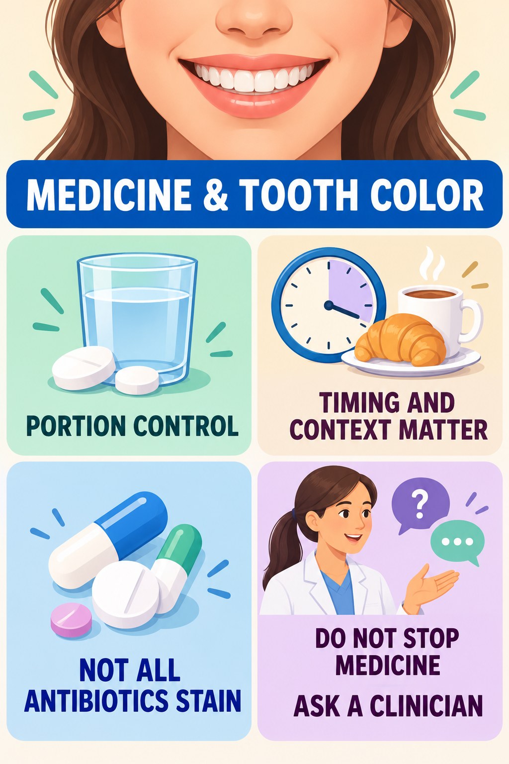 Medication-Related Color Change Questions infographic for Portion Control with four concise tooth-discoloration safety points.