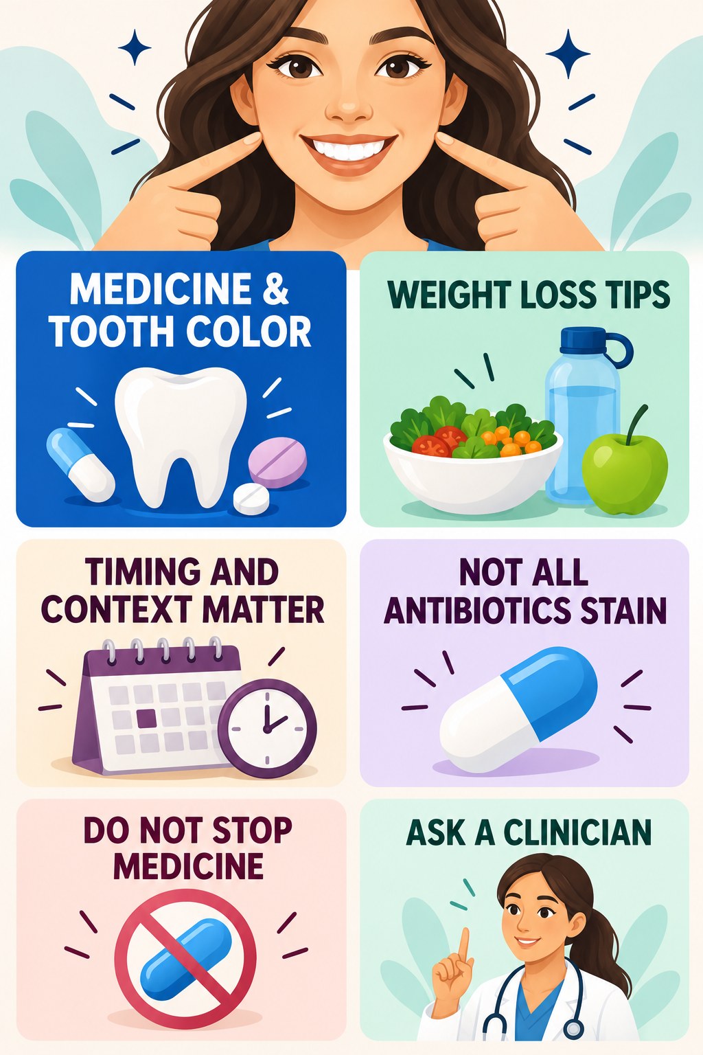 Medication-Related Color Change Questions infographic for Weight Loss Tips with four concise tooth-discoloration safety points.