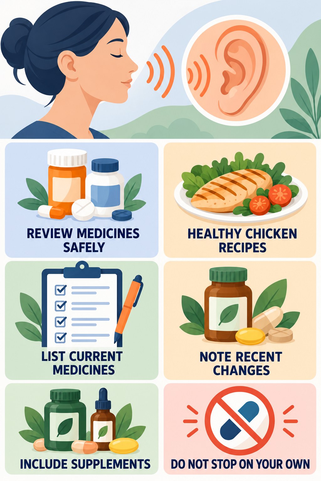 Medication Review for Tinnitus infographic for Healthy Chicken Recipes with four concise evaluation-guidance points.