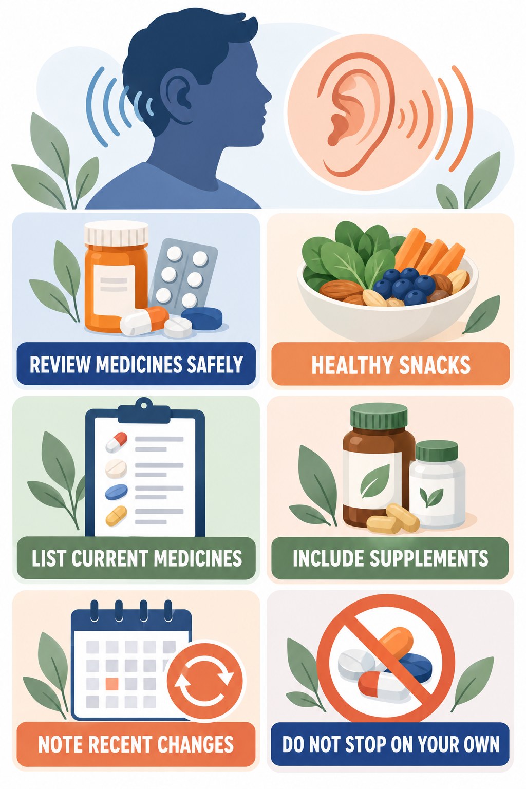 Medication Review for Tinnitus infographic for Healthy Snacks with four concise evaluation-guidance points.