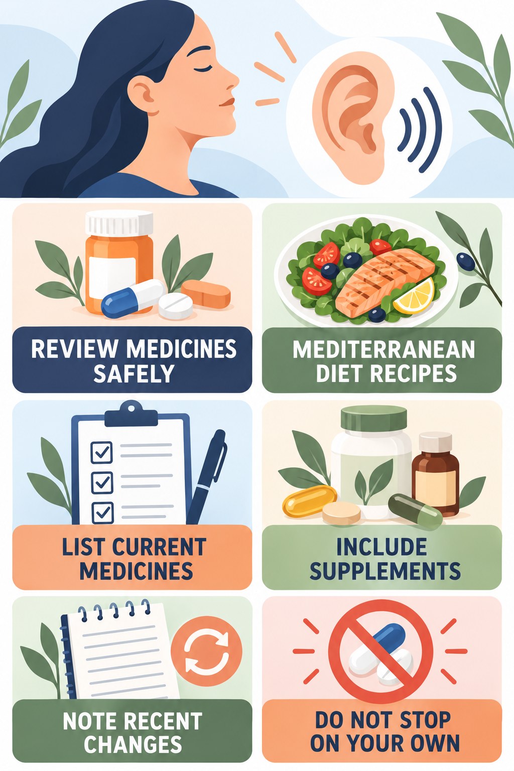 Medication Review for Tinnitus infographic for Mediterranean Diet Recipes with four concise evaluation-guidance points.