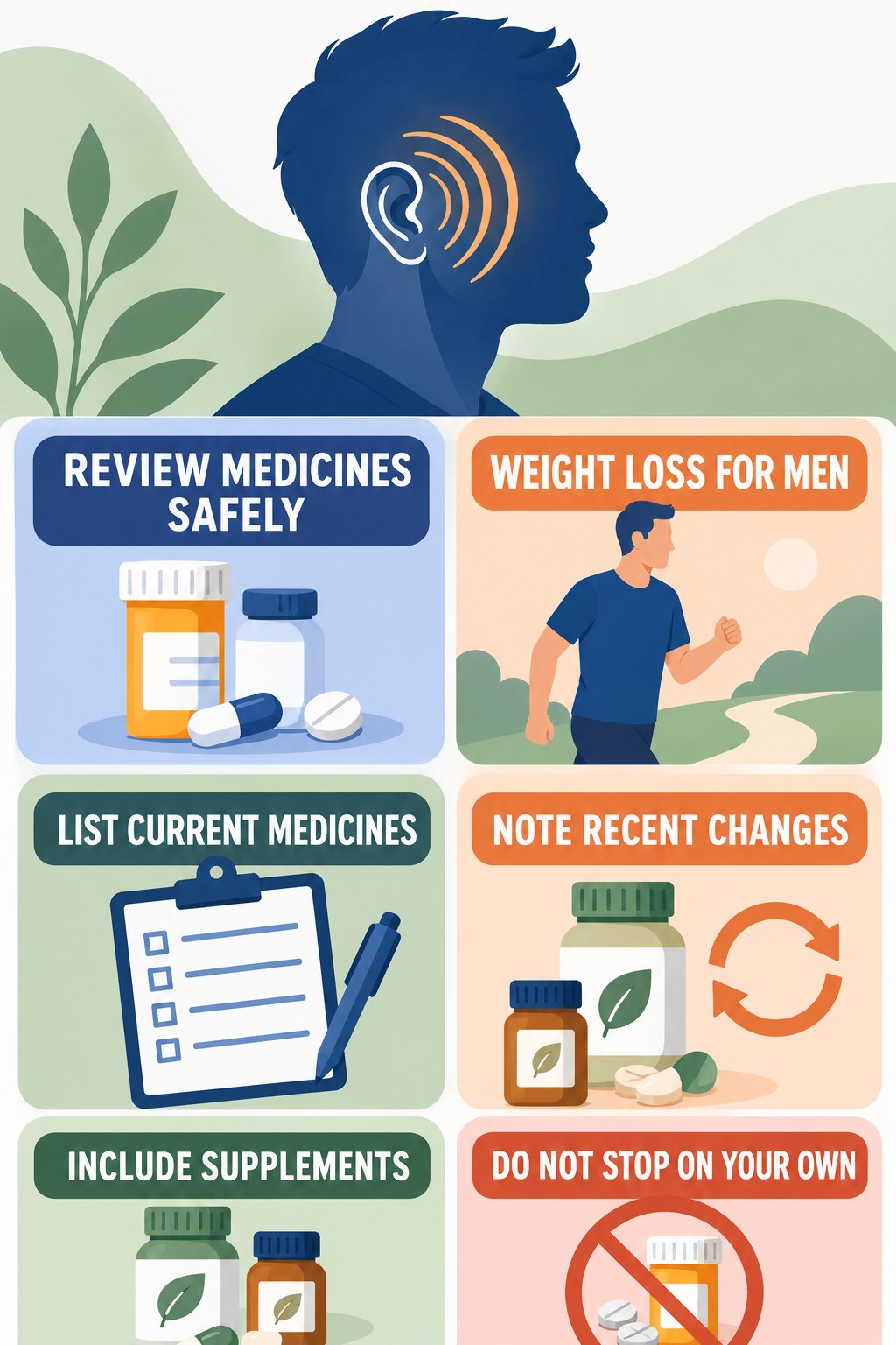 Medication Review for Tinnitus infographic for Weight Loss for Men with four concise evaluation-guidance points.