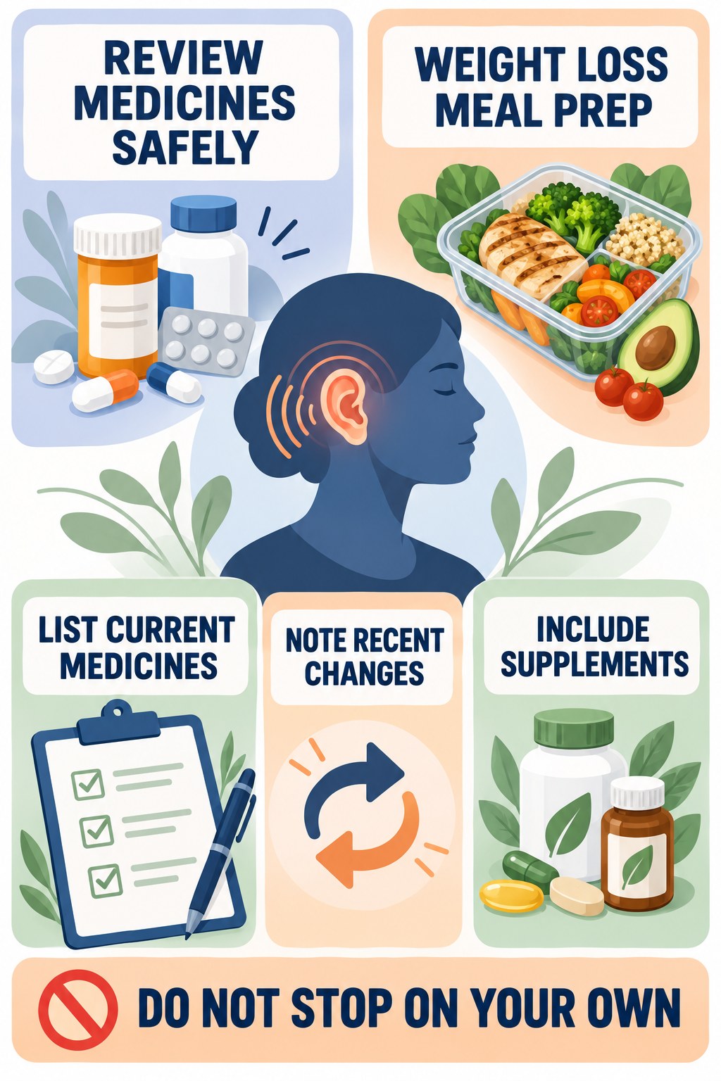 Medication Review for Tinnitus infographic for Weight Loss Meal Prep with four concise evaluation-guidance points.