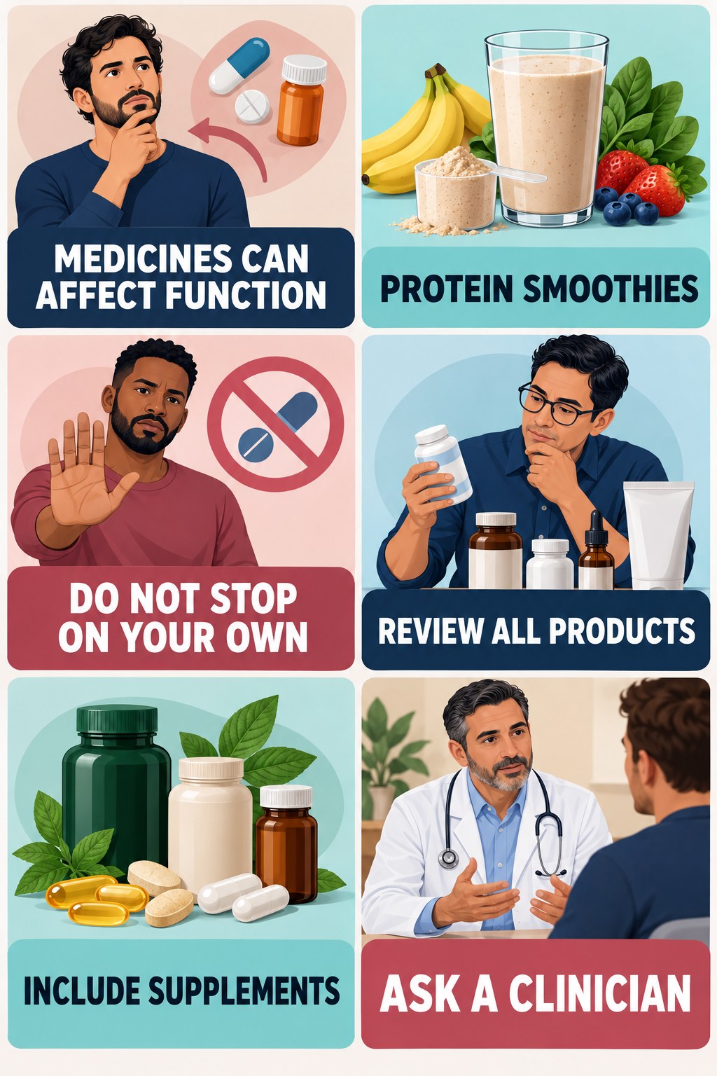 Medication Side Effects Deserve Review infographic for Protein Smoothies with four concise, non-shaming sexual-health education points.