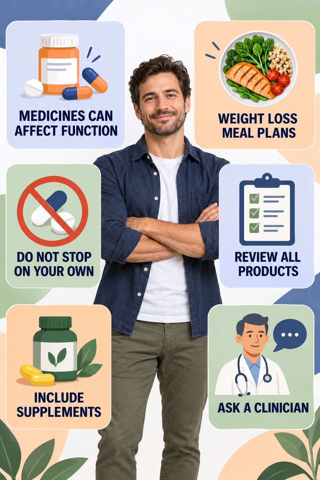 Medication Side Effects Deserve Review infographic for Weight Loss Meal Plans with four concise, non-shaming sexual-health education points.