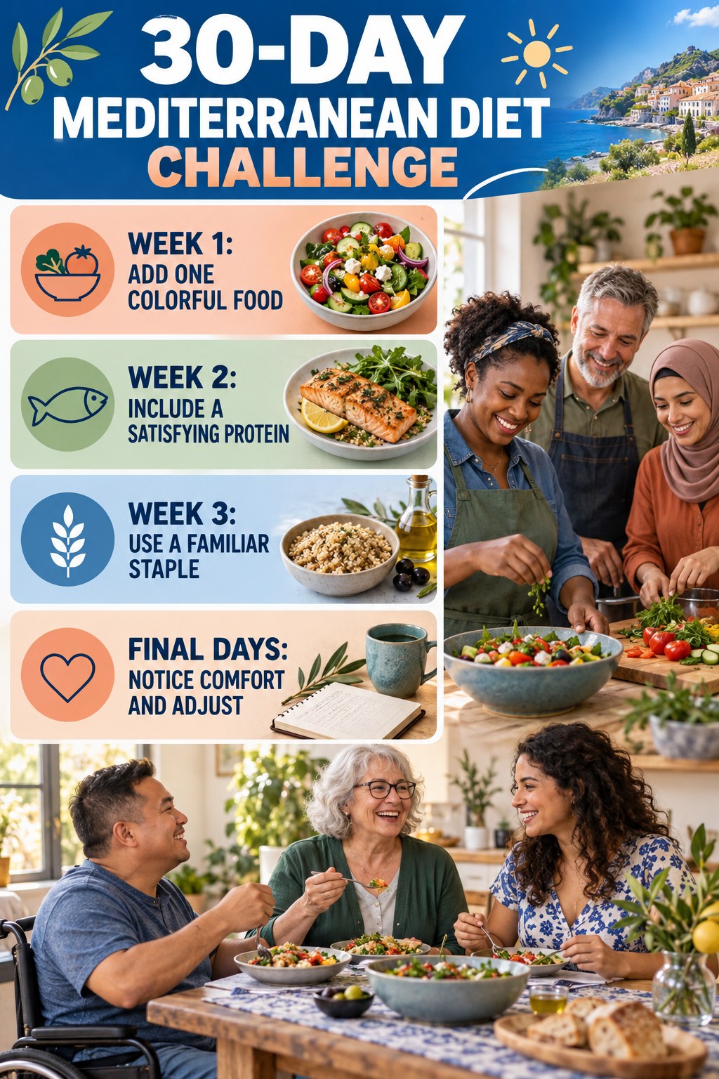 30-day Mediterranean Diet challenge graphic showing four manageable milestones for consistent practice.