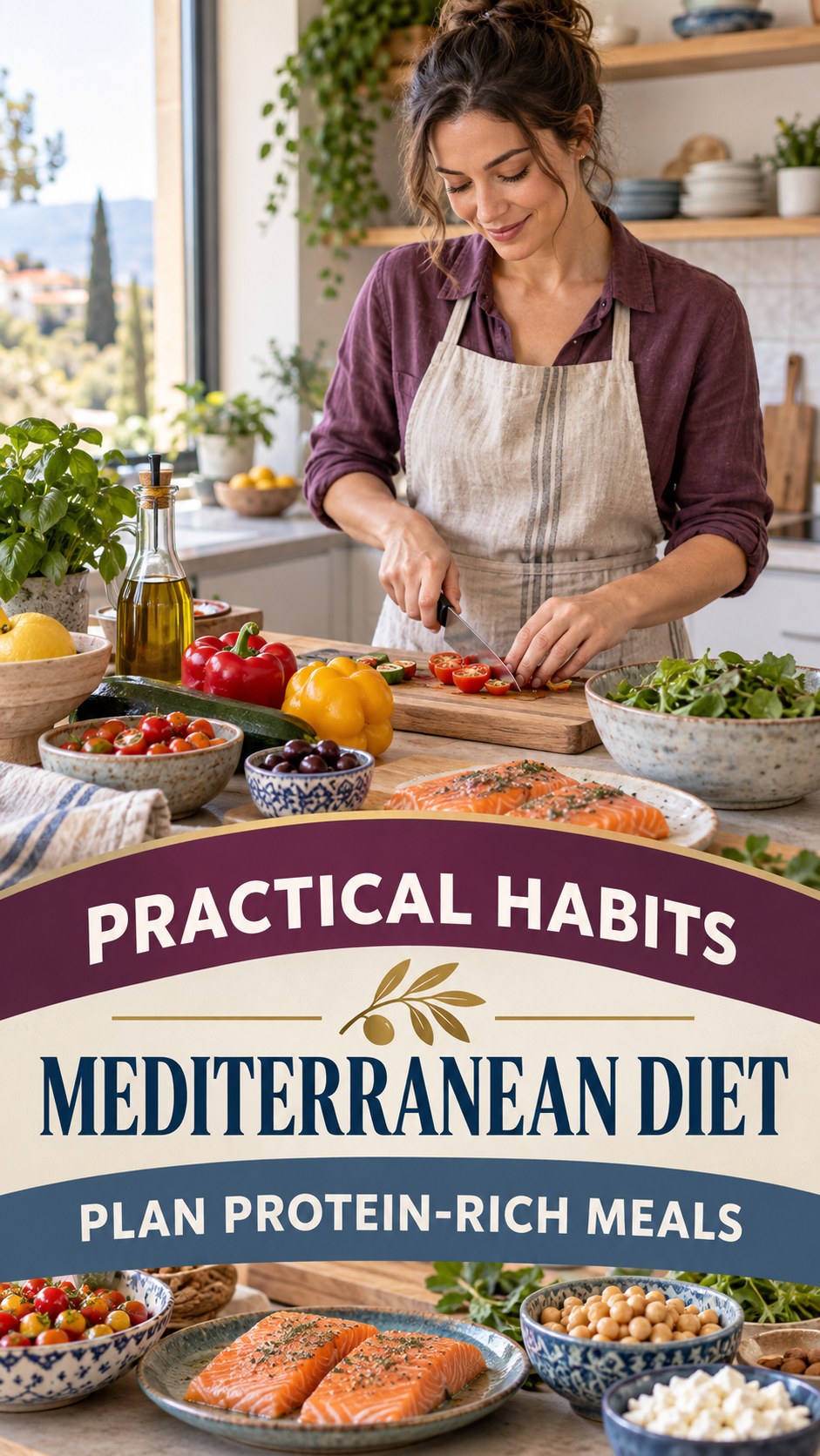 Protein-Rich Food Planning infographic for Mediterranean Diet, showing practical metabolism-support habits for an active lifestyle.