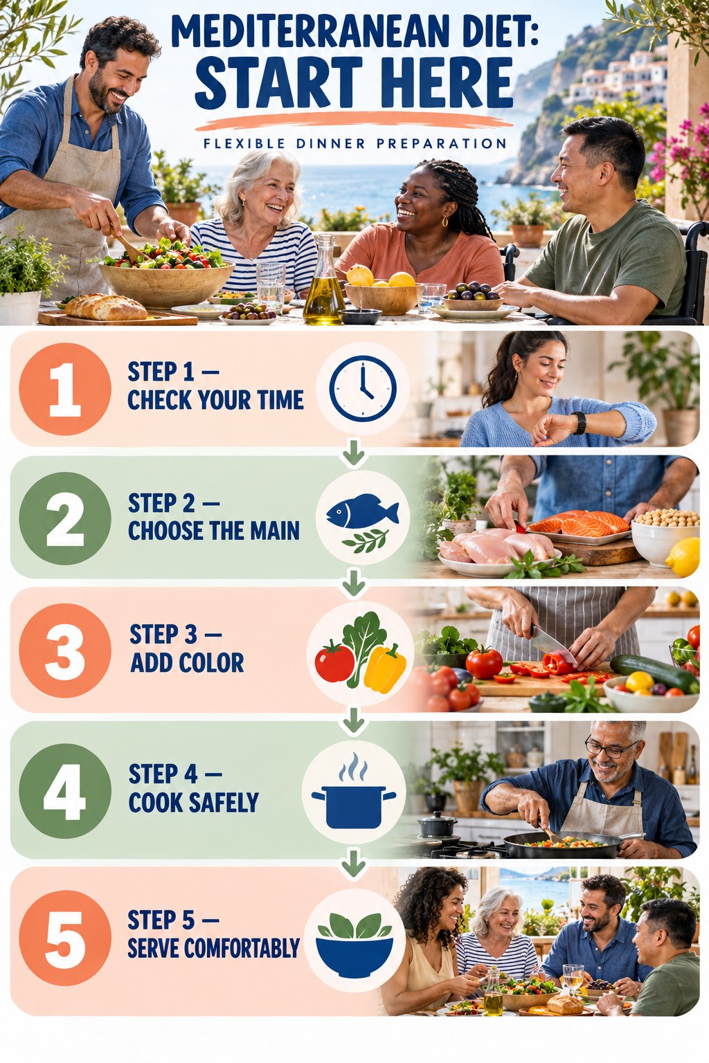 Mediterranean Diet beginner guide graphic showing five manageable stages for flexible dinner preparation.
