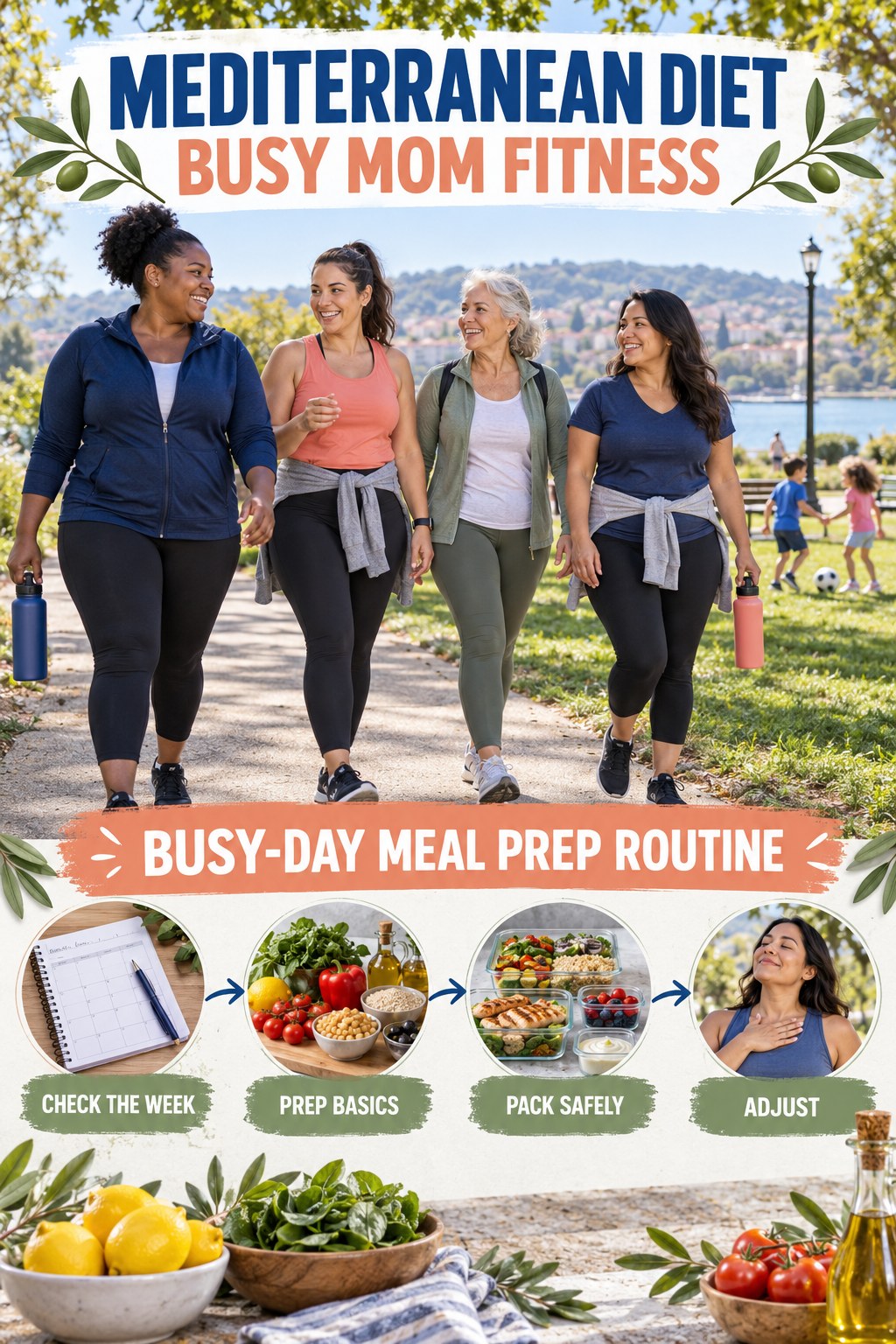 Mediterranean Diet busy-mom fitness graphic titled Busy-Day Meal Prep Routine with four practical movement prompts.
