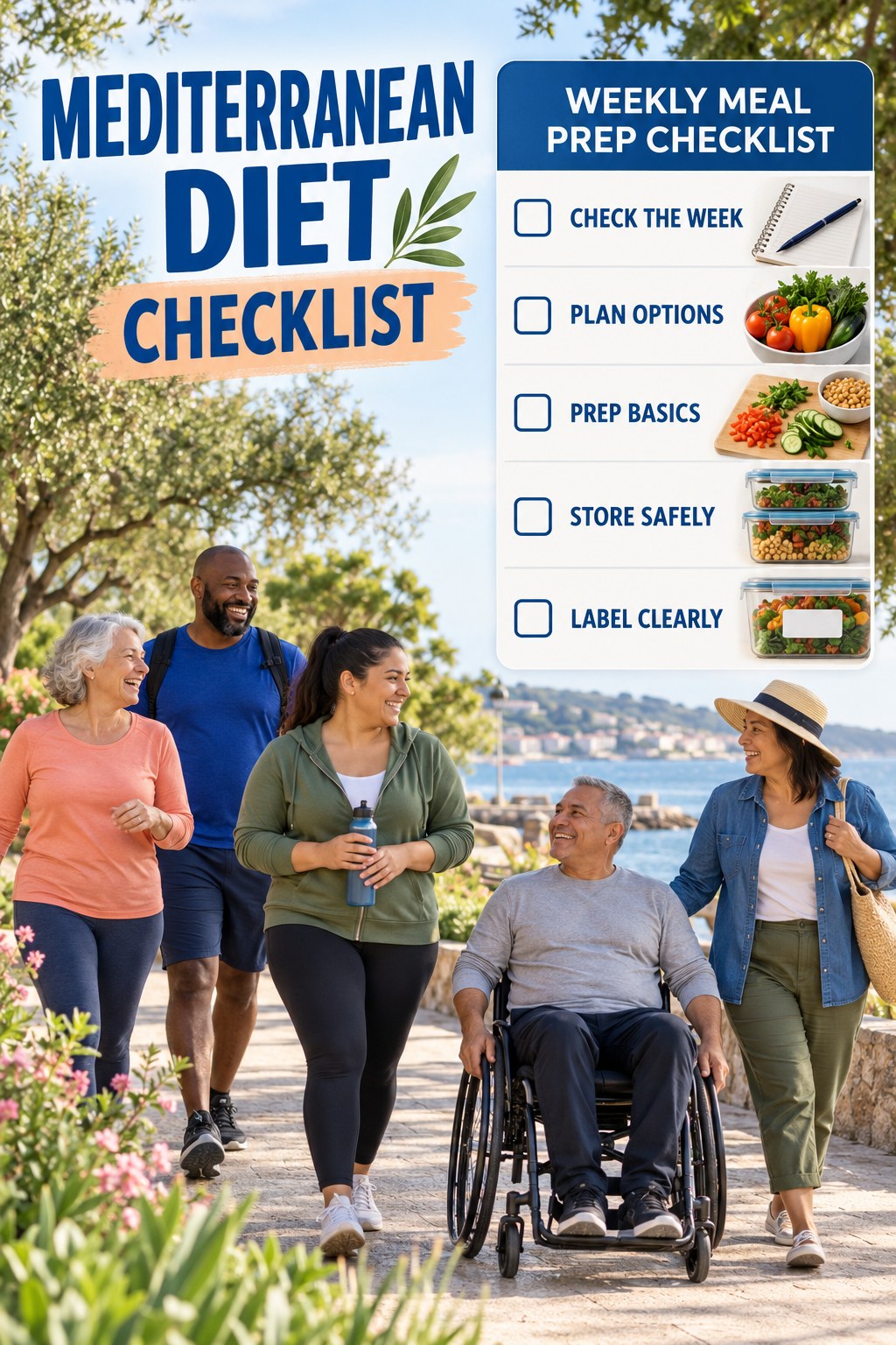 Mediterranean Diet checklist graphic titled Weekly Meal Prep Checklist with five clear practical wellness items.