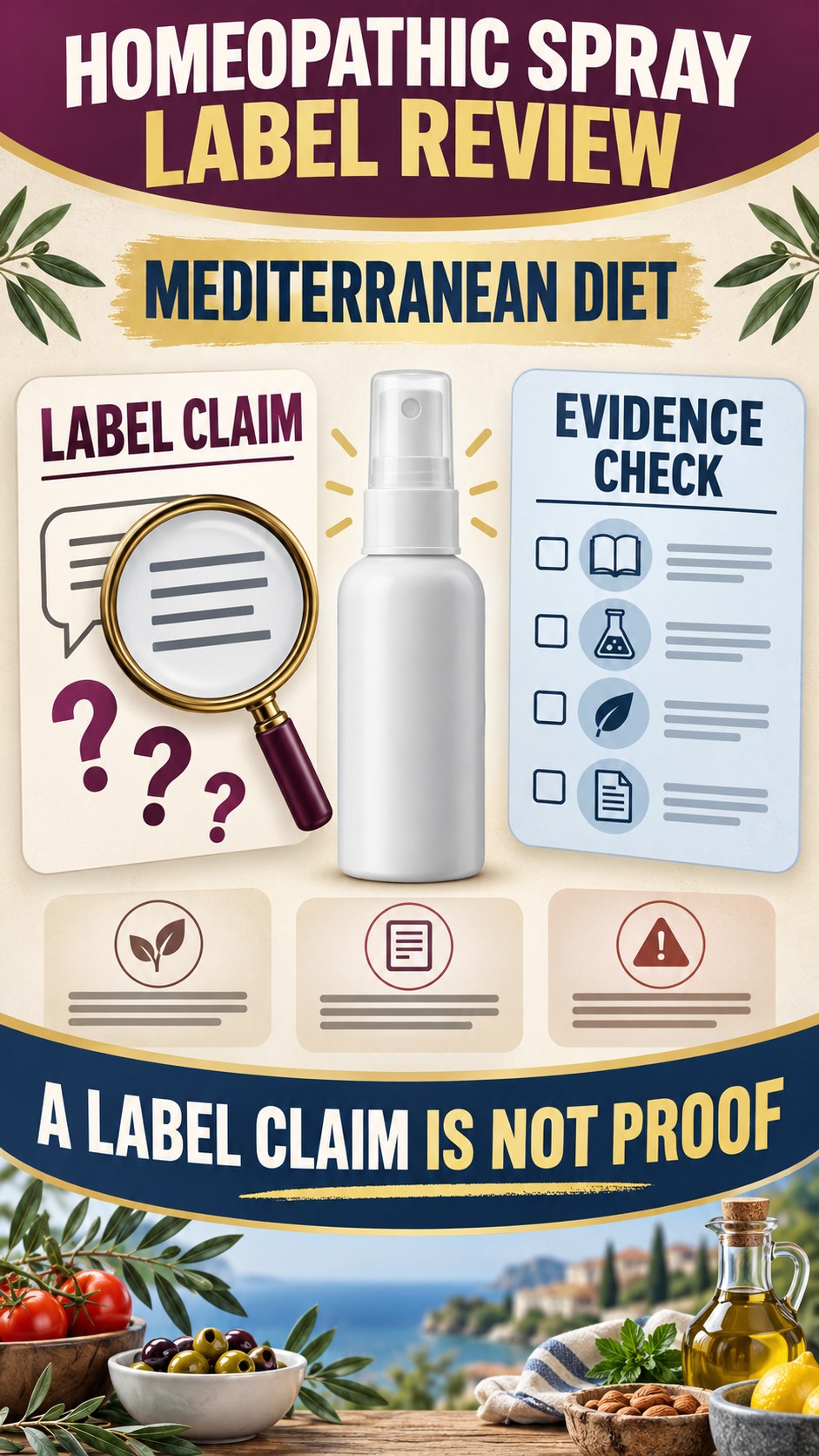 Claim Versus Evidence Review infographic for Mediterranean Diet, showing a generic spray-label checklist that separates available facts, missing details, and evidence questions.