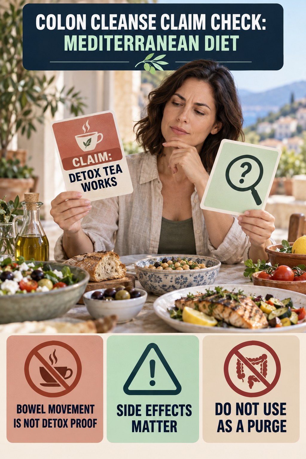 Detox Tea and Laxative Claims infographic for Mediterranean Diet, separating a colon-cleanse marketing claim from evidence, reasonable conclusions, and safety context.
