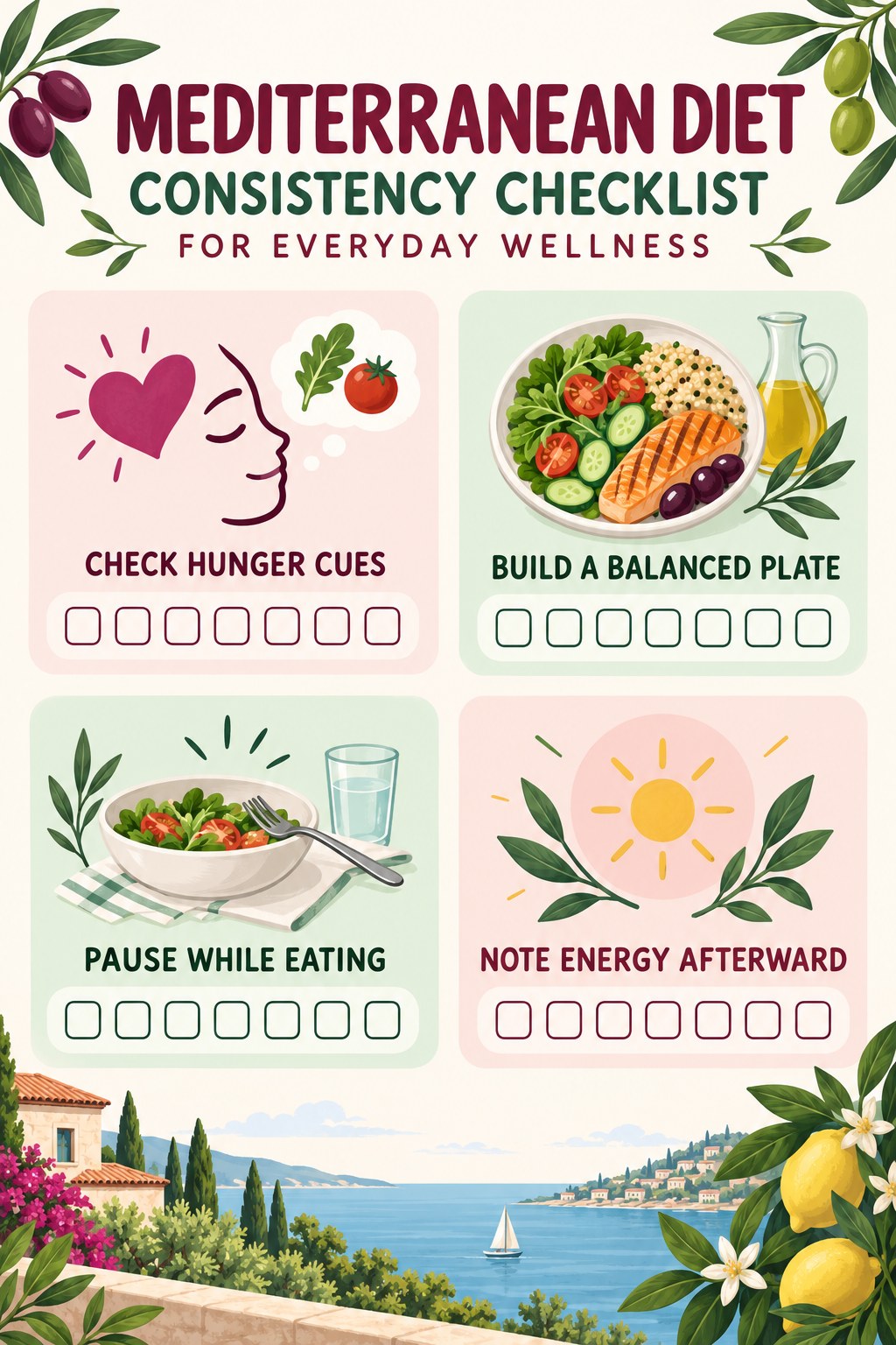 Mediterranean Diet Consistency Checklist for Everyday Wellness infographic with checkboxes for check hunger cues, build a balanced plate, pause while eating, note energy afterward.