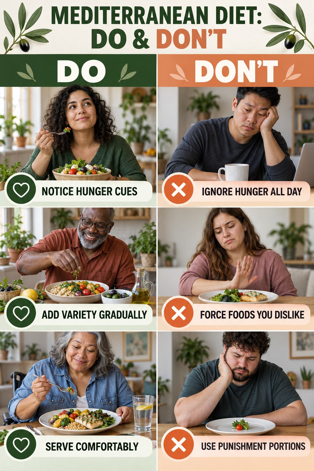 Mediterranean Diet Do and Don’t comparison graphic showing three practical behavior pairs for mindful eating.