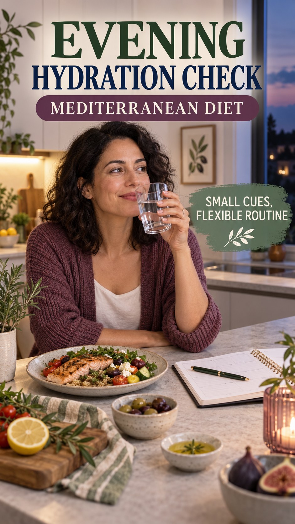 Evening Hydration Awareness infographic for Mediterranean Diet, showing a flexible and calming evening wellness routine.