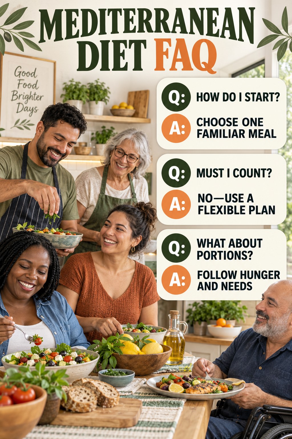 Mediterranean Diet FAQ graphic with three concise questions and practical answers for beginners.