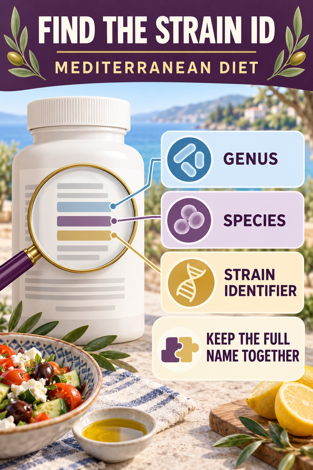 Find the Strain Identifier on a Probiotic Label infographic for Mediterranean Diet with four concise probiotic-label reading points.