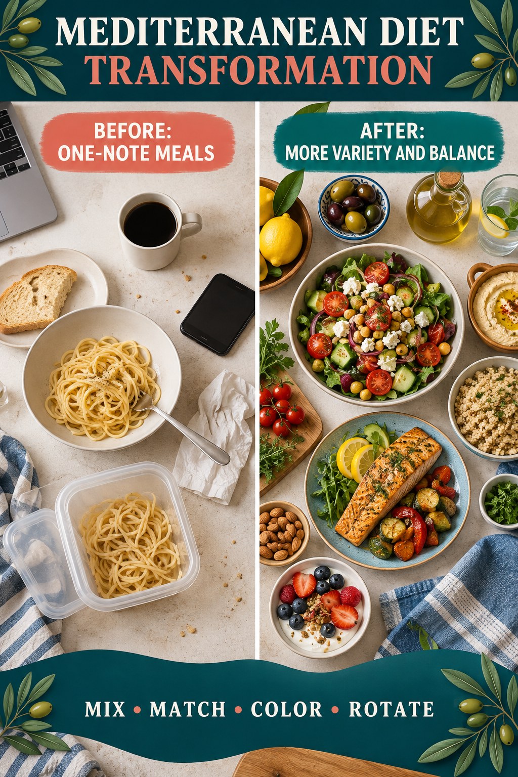 Mediterranean Diet habit transformation graphic comparing one-note meals with more variety and balance using four practical steps.