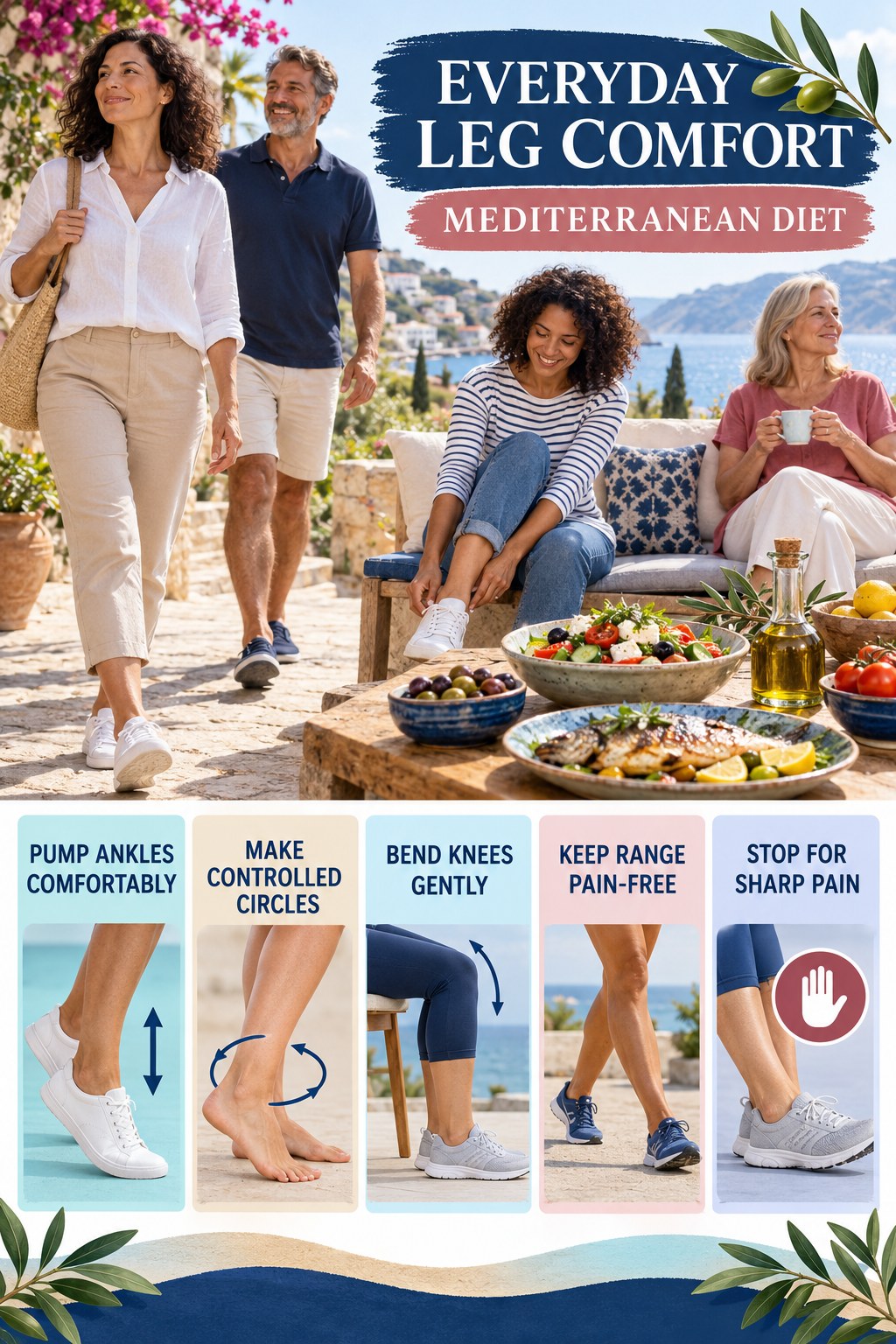 Gentle Ankle and Calf Mobility infographic for Mediterranean Diet with five gentle movement, position, footwear, recovery, or safety actions.