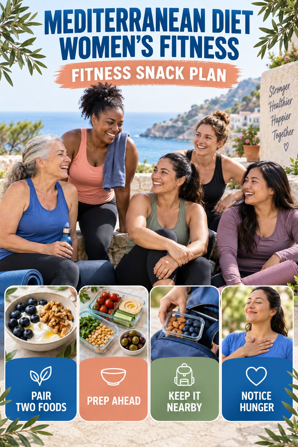 Mediterranean Diet women’s fitness graphic titled Fitness Snack Plan with four practical training prompts.