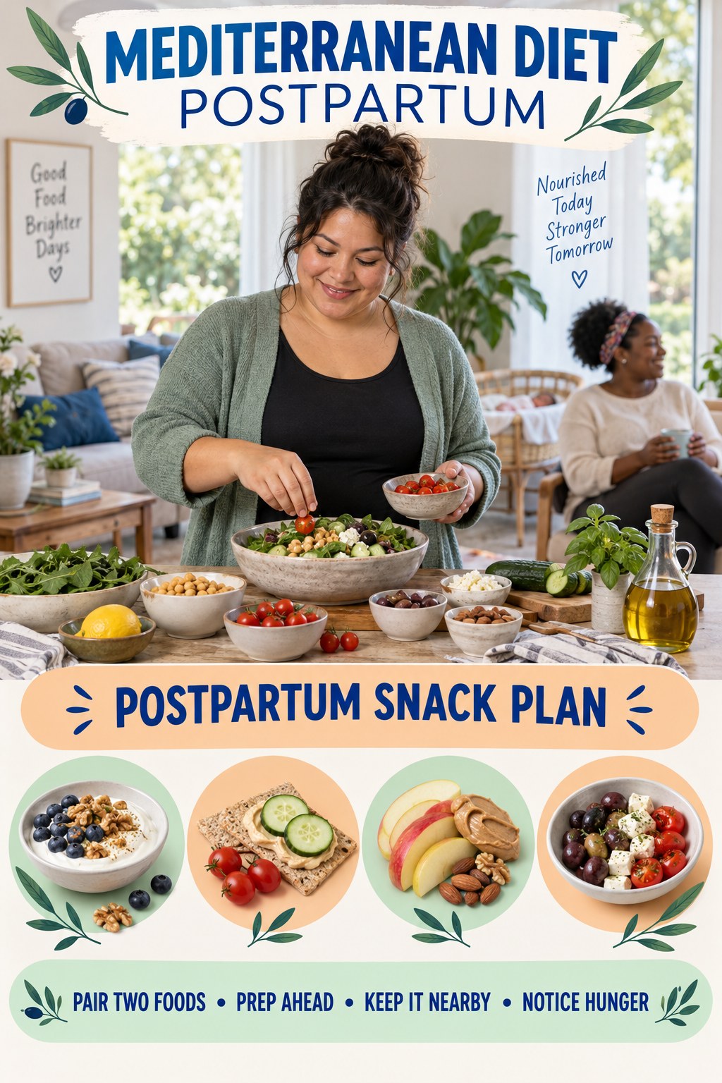 Mediterranean Diet postpartum graphic titled Postpartum Snack Plan with four gradual recovery-aware prompts.