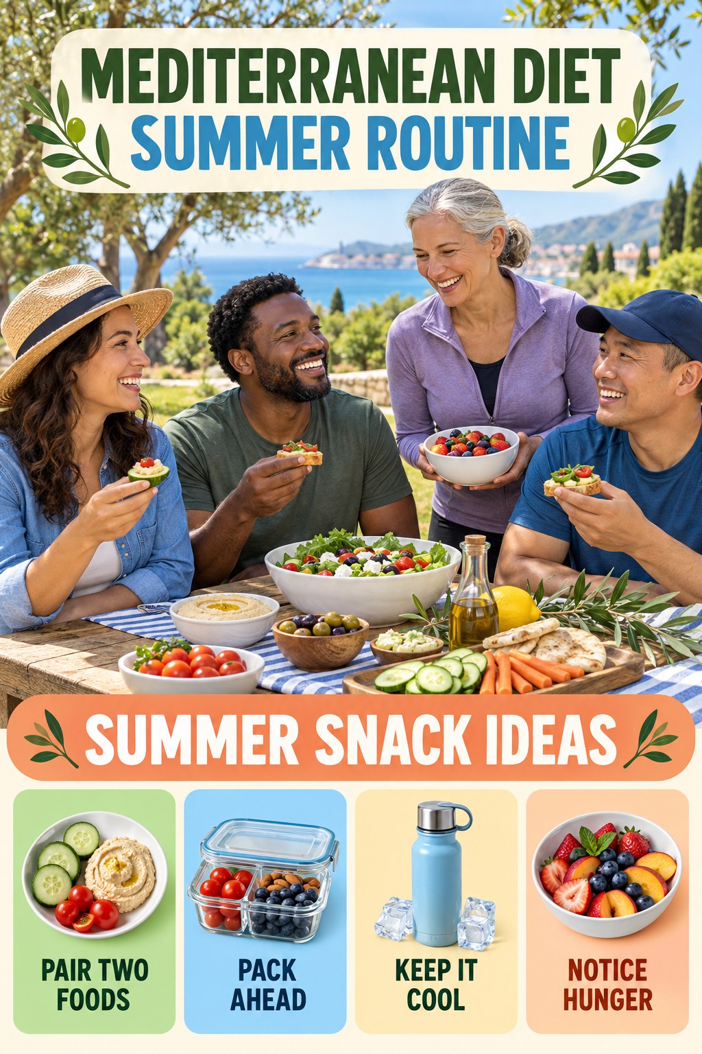 Mediterranean Diet summer routine graphic titled Summer Snack Ideas with four practical wellness prompts.
