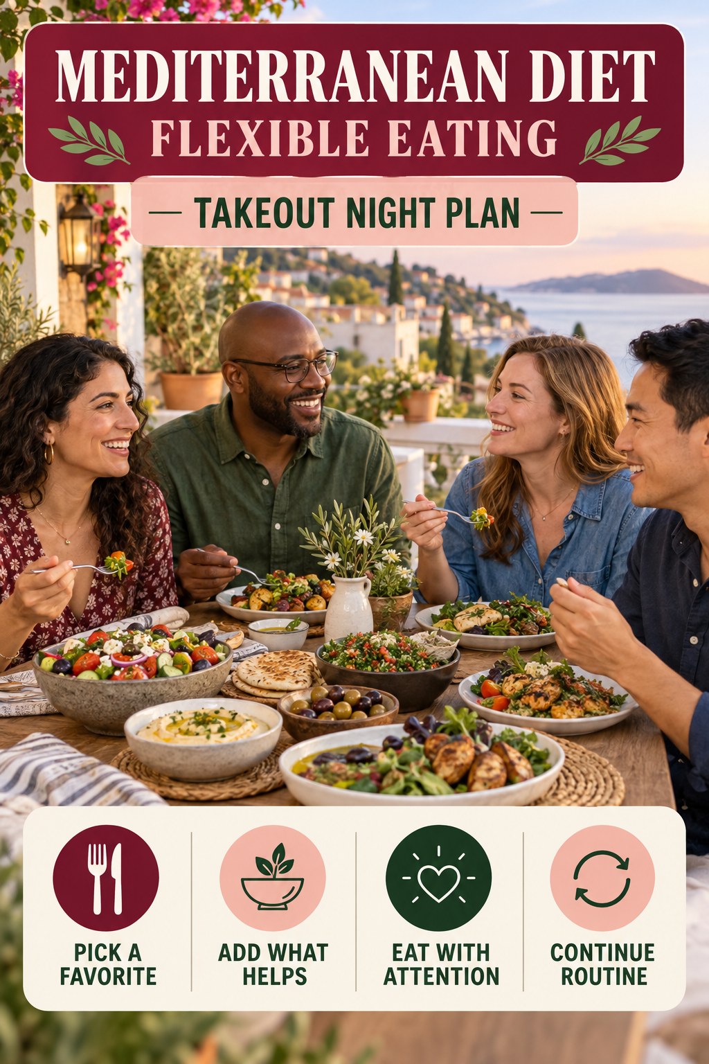 Mediterranean Diet flexible eating graphic titled Takeout Night Plan with four practical balance prompts.